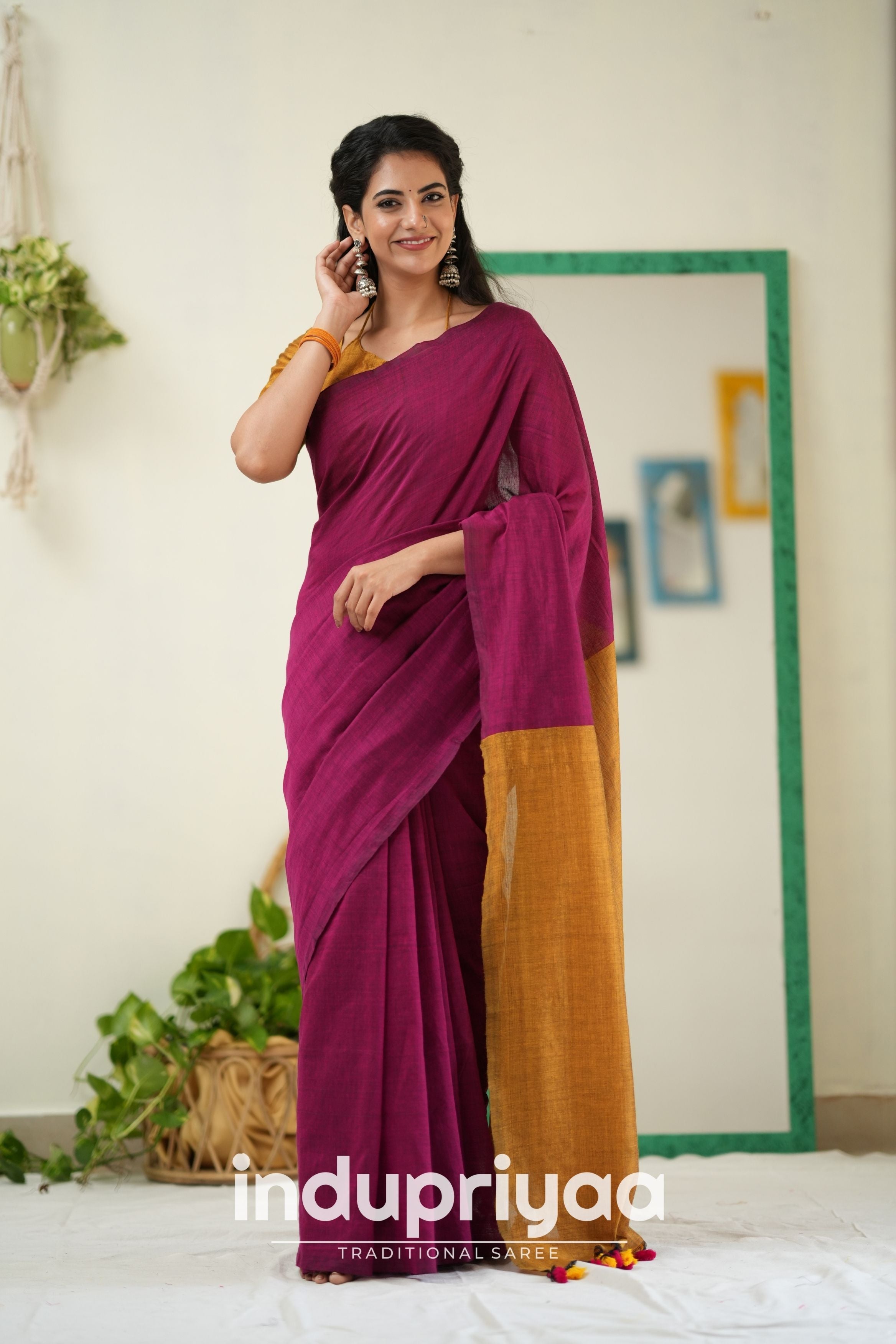 Wine Nd Masturd Gold Handloom Khadi Cotton Saree