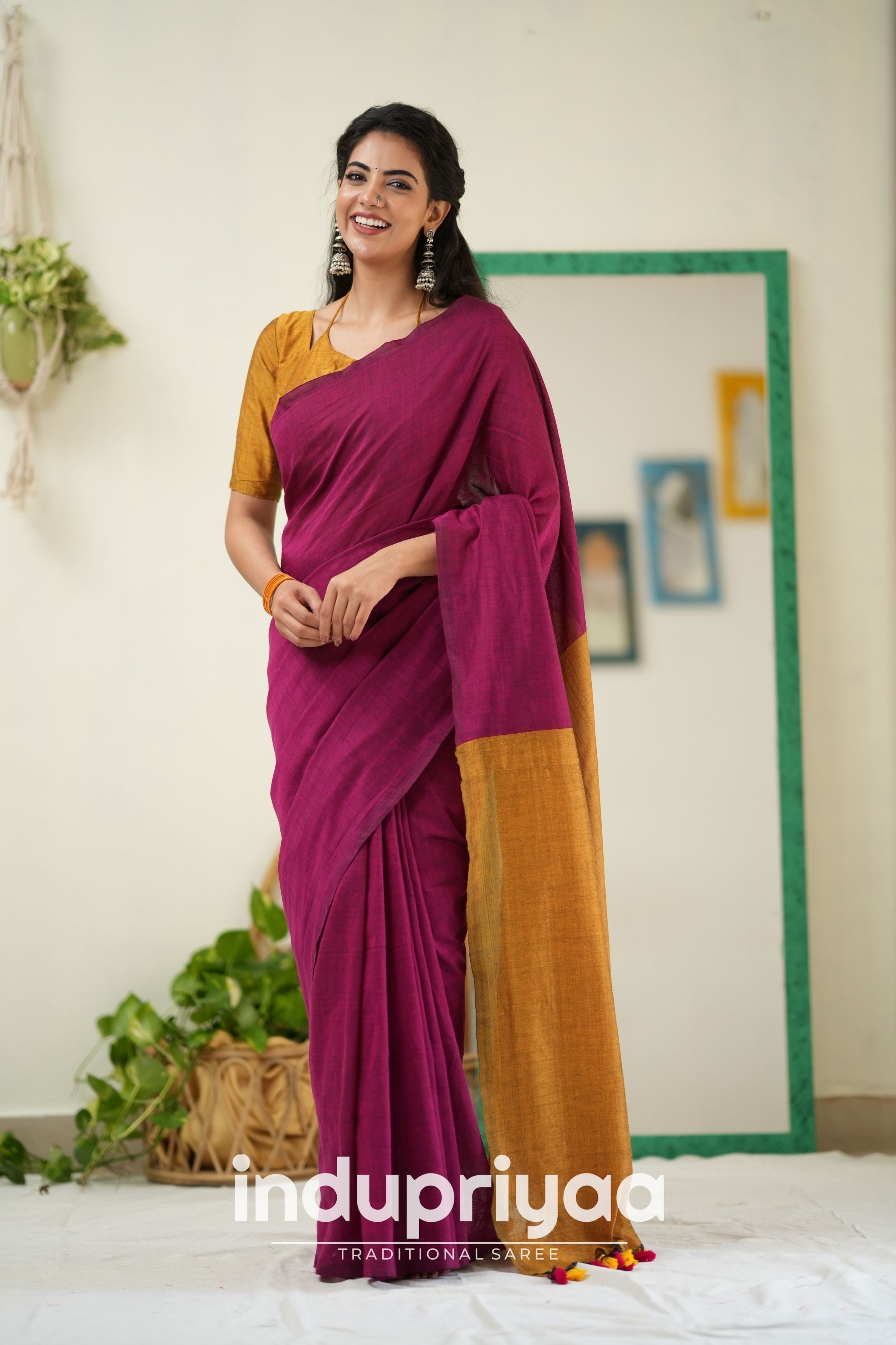 Wine Nd Masturd Gold Handloom Khadi Cotton Saree