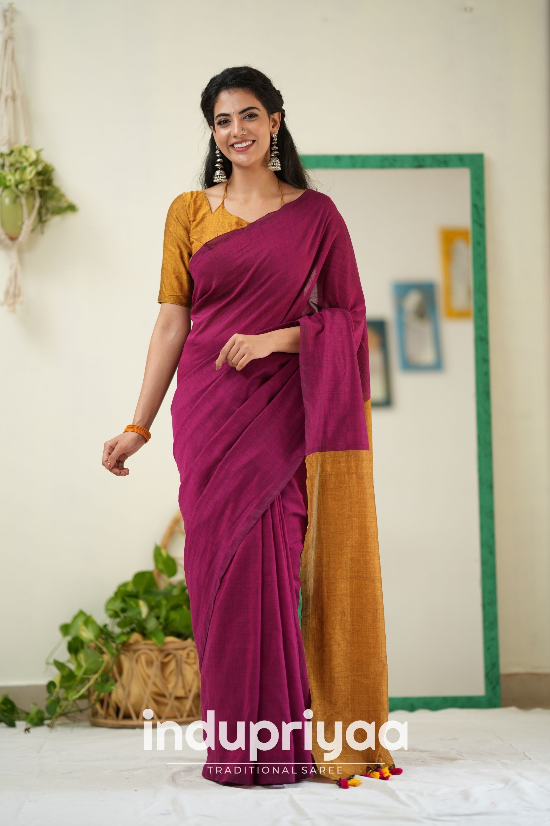 Wine Nd Masturd Gold Handloom Khadi Cotton Saree