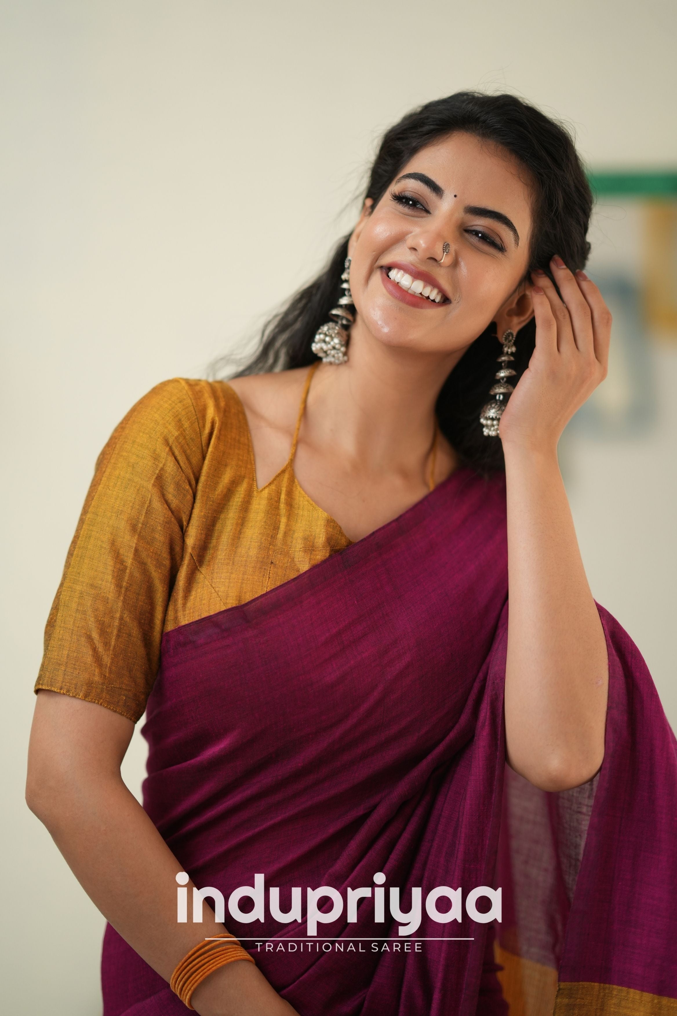 Wine Nd Masturd Gold Handloom Khadi Cotton Saree