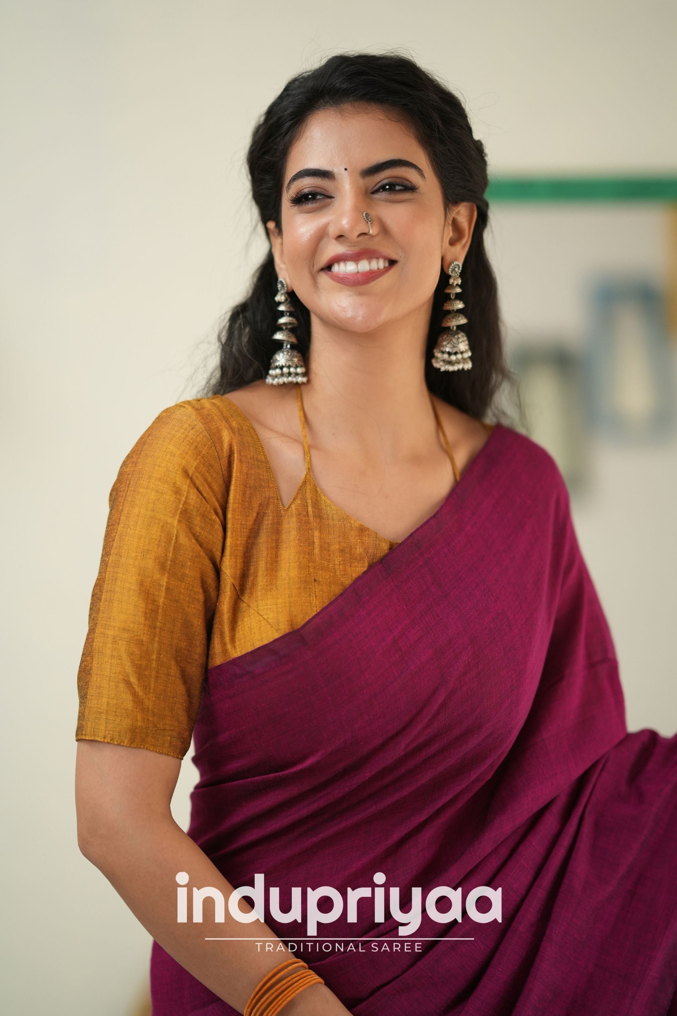 Wine Nd Masturd Gold Handloom Khadi Cotton Saree