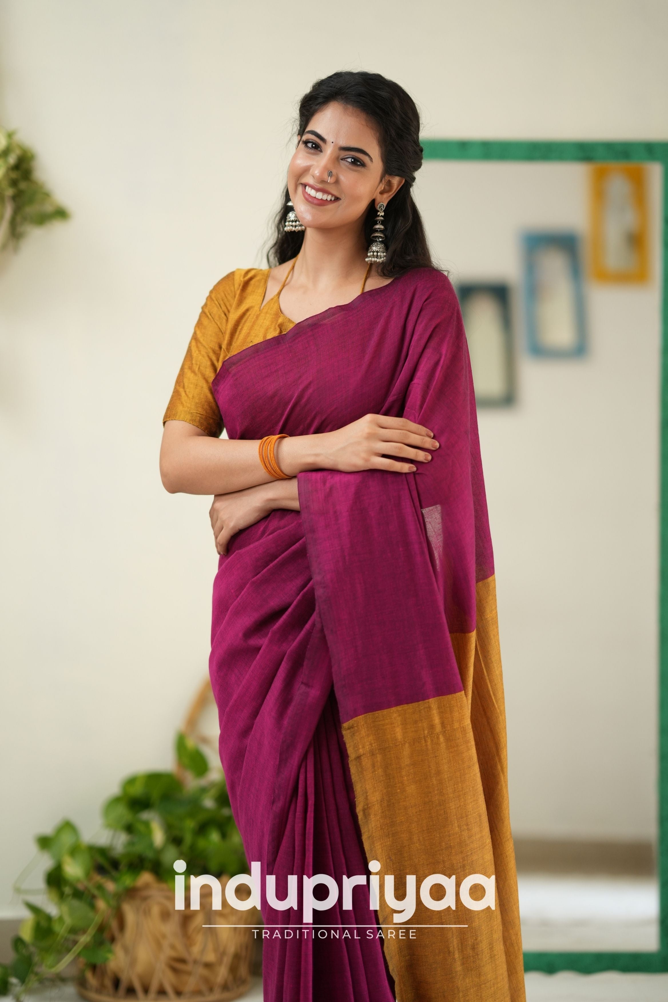 Wine Nd Masturd Gold Handloom Khadi Cotton Saree