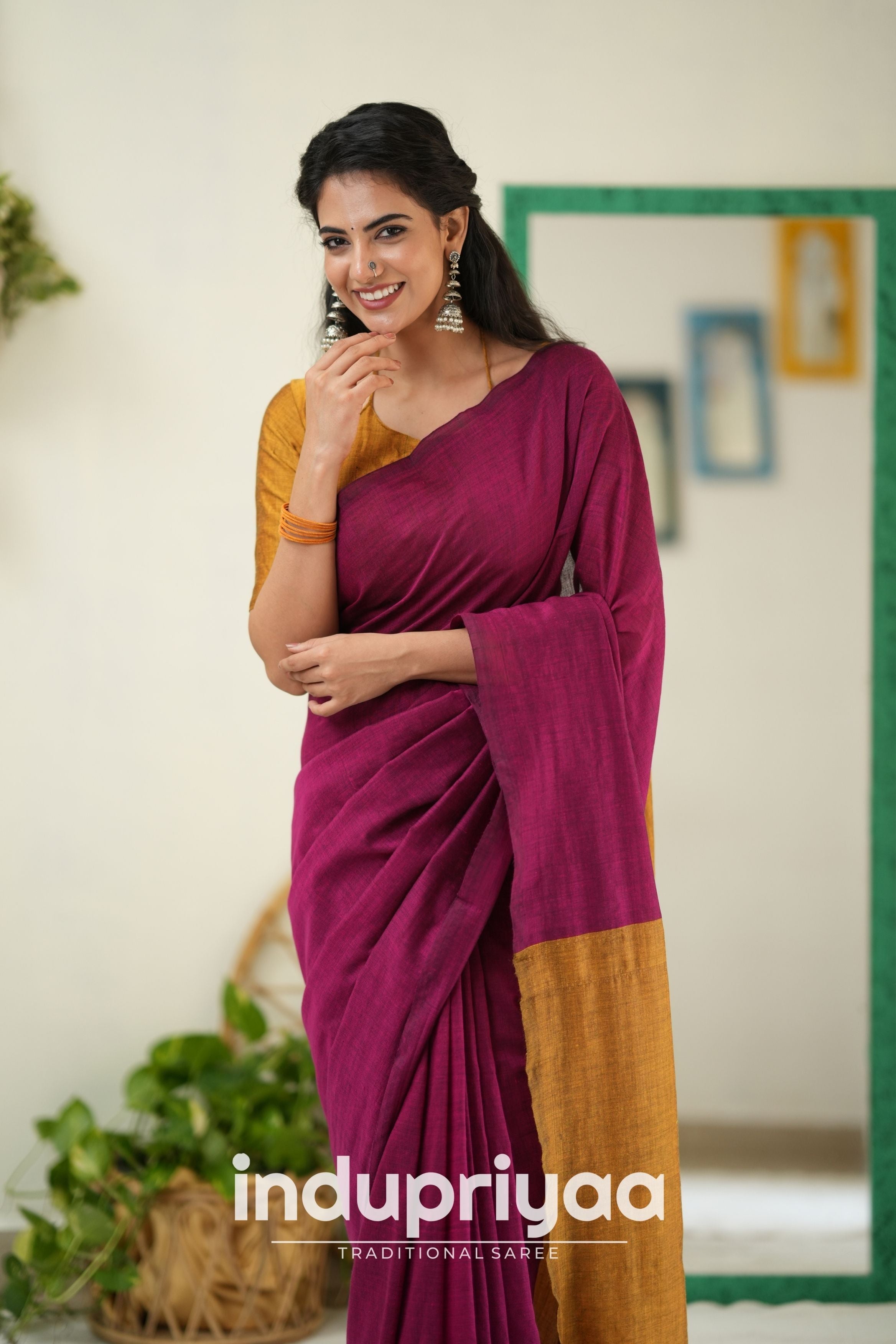 Wine Nd Masturd Gold Handloom Khadi Cotton Saree