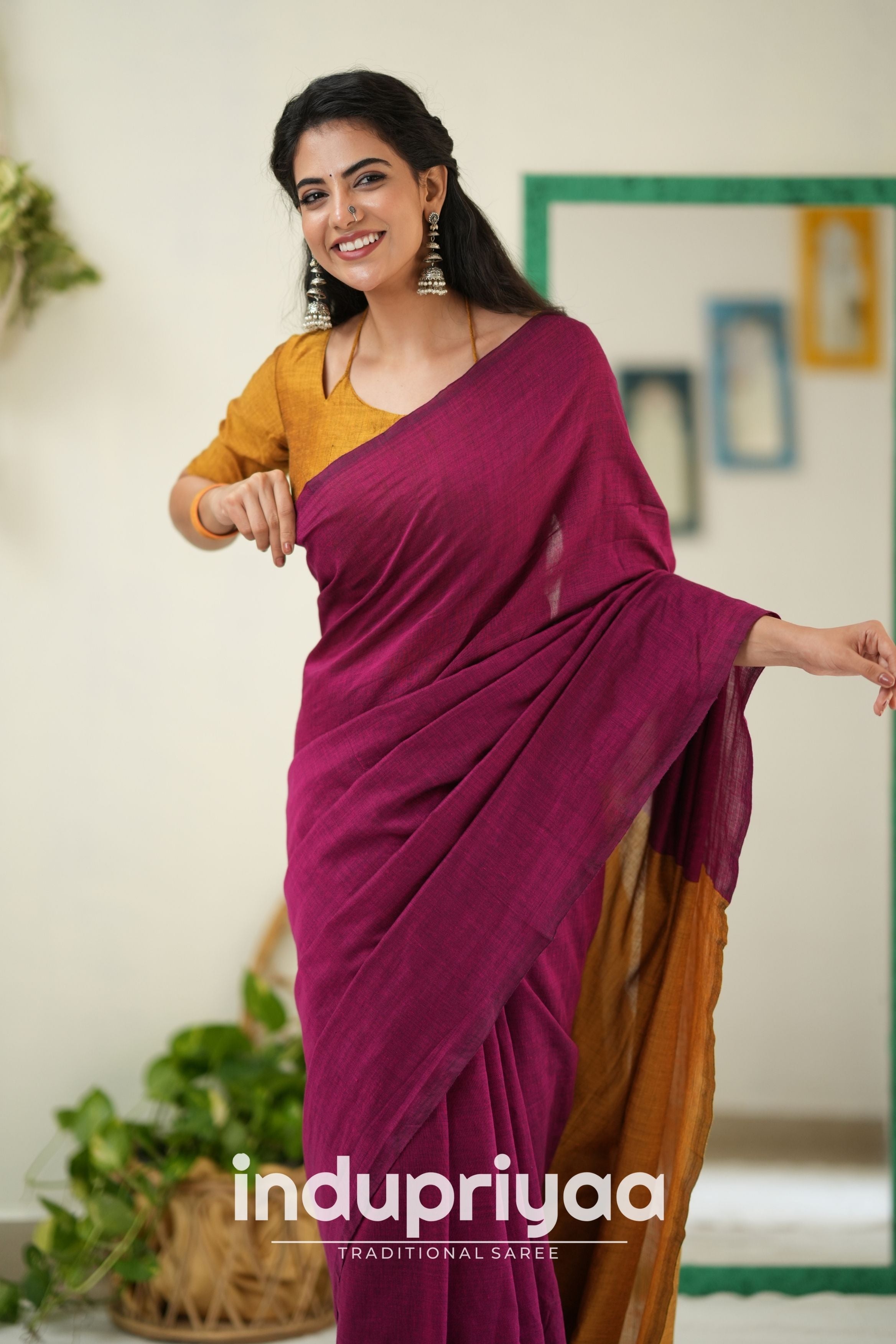 Wine Nd Masturd Gold Handloom Khadi Cotton Saree