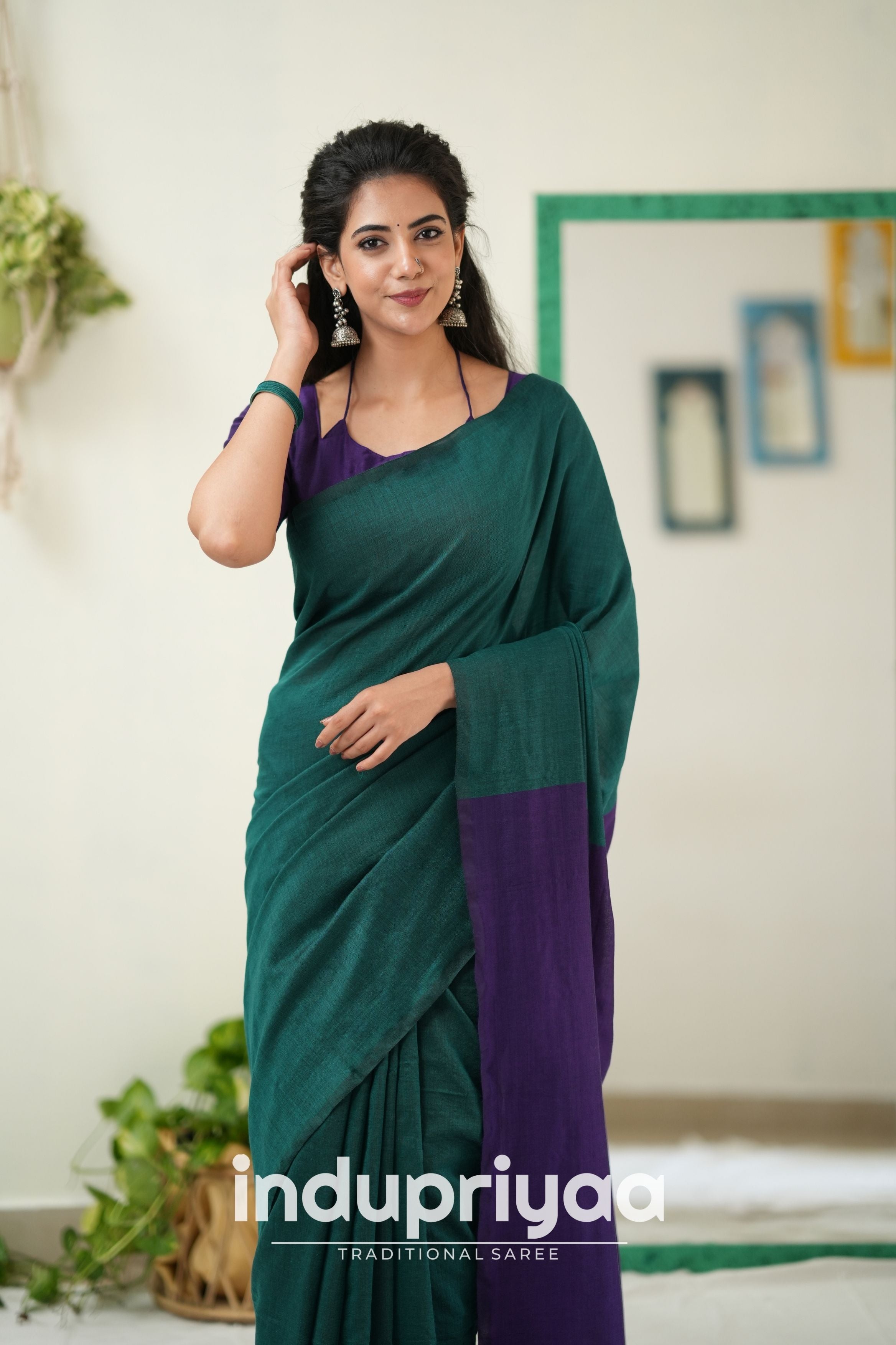 Rama Nd Purple Handloom Khadi Cotton Saree