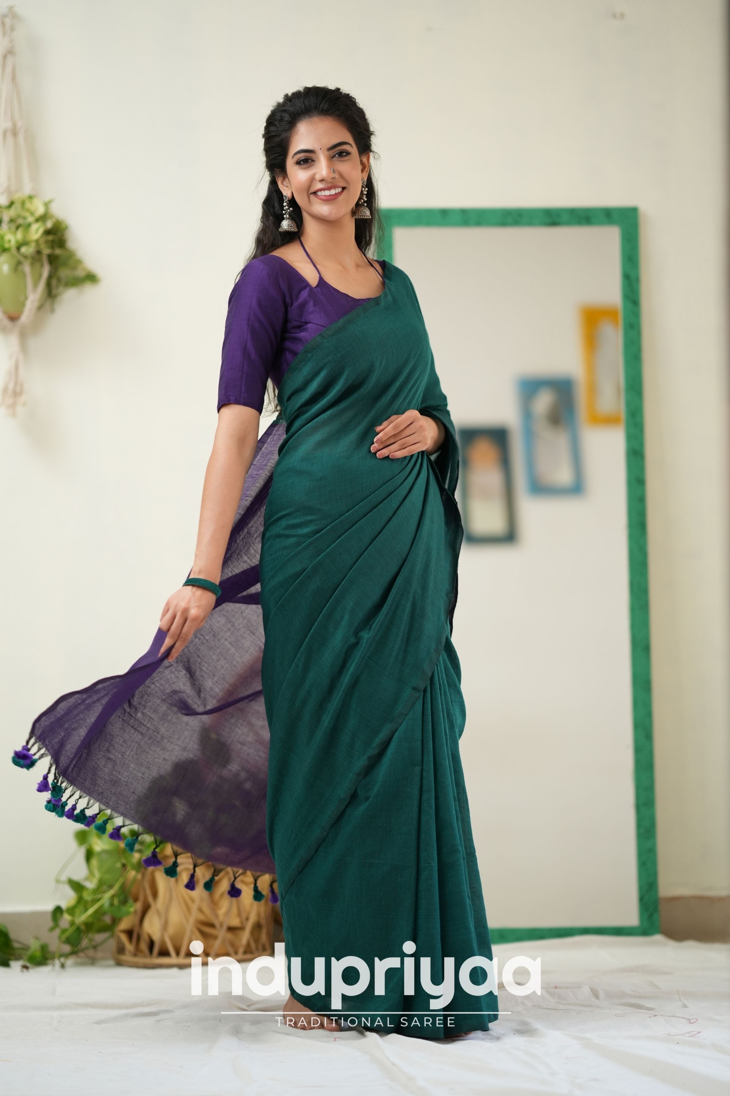 Rama Nd Purple Handloom Khadi Cotton Saree