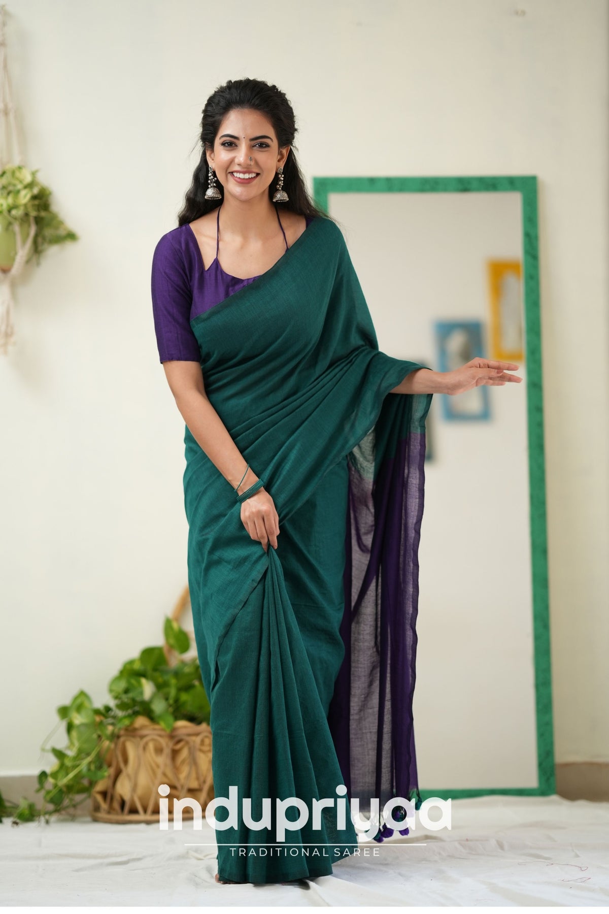 Rama Nd Purple Handloom Khadi Cotton Saree