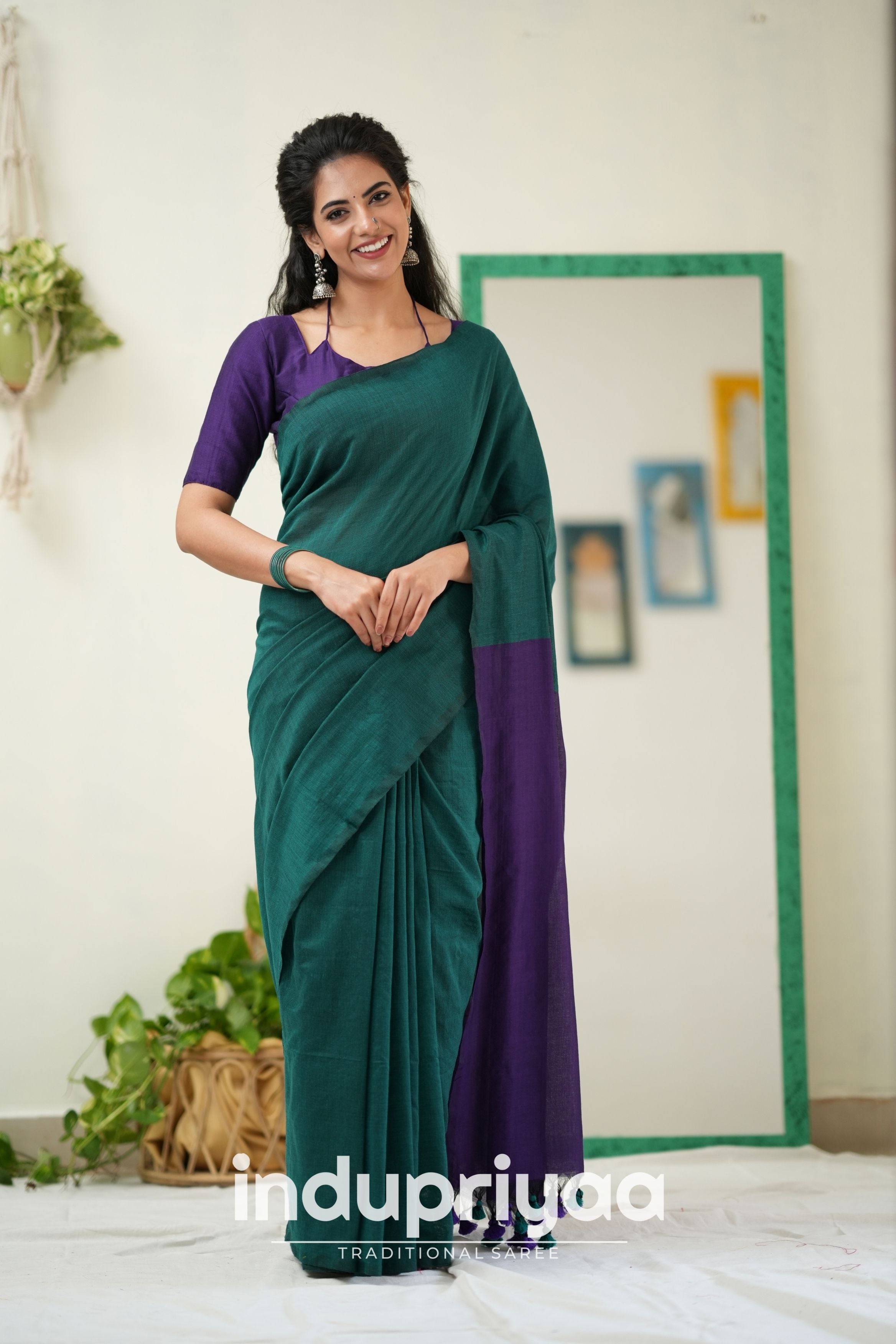 Rama Nd Purple Handloom Khadi Cotton Saree