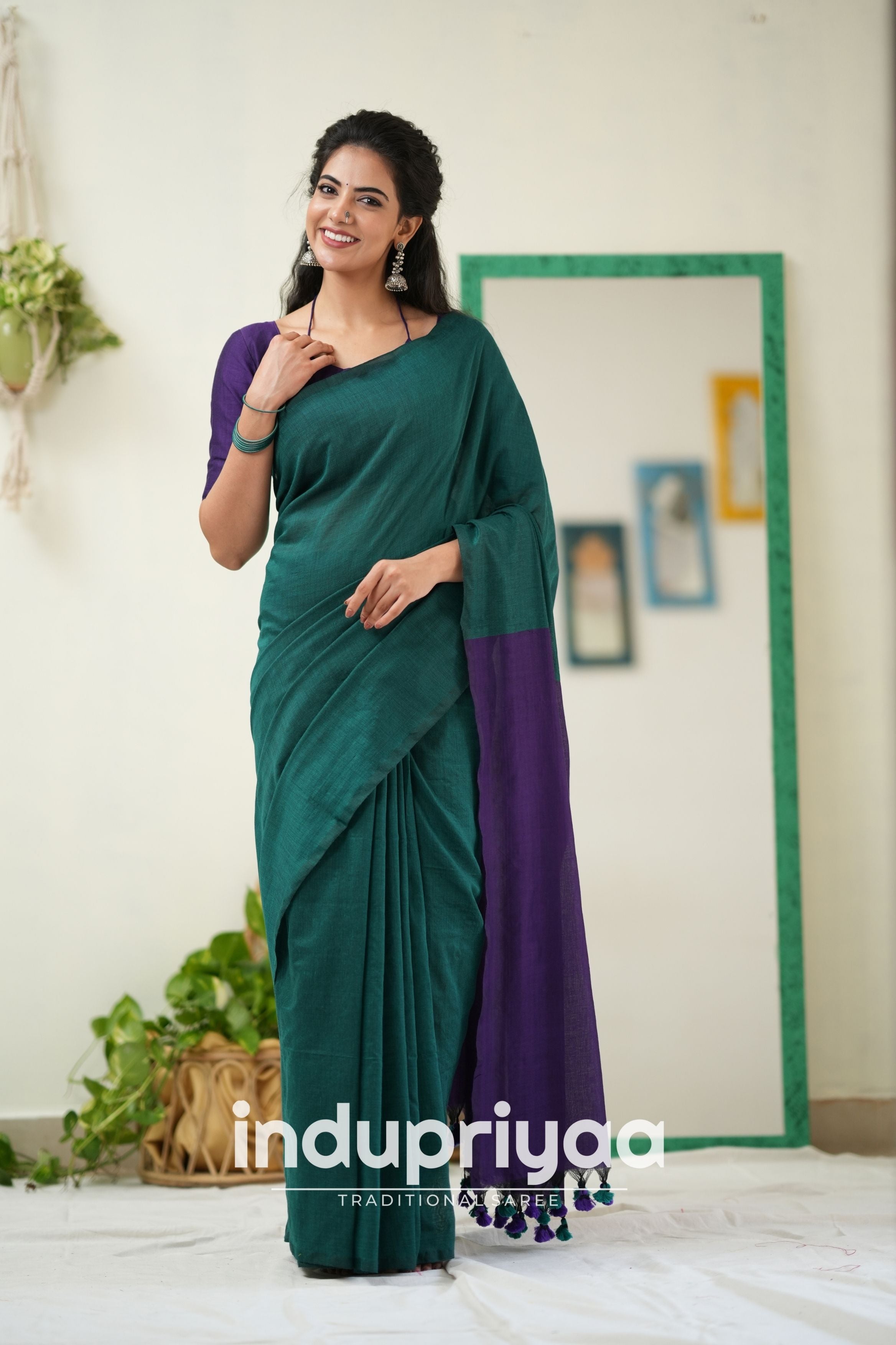 Rama Nd Purple Handloom Khadi Cotton Saree