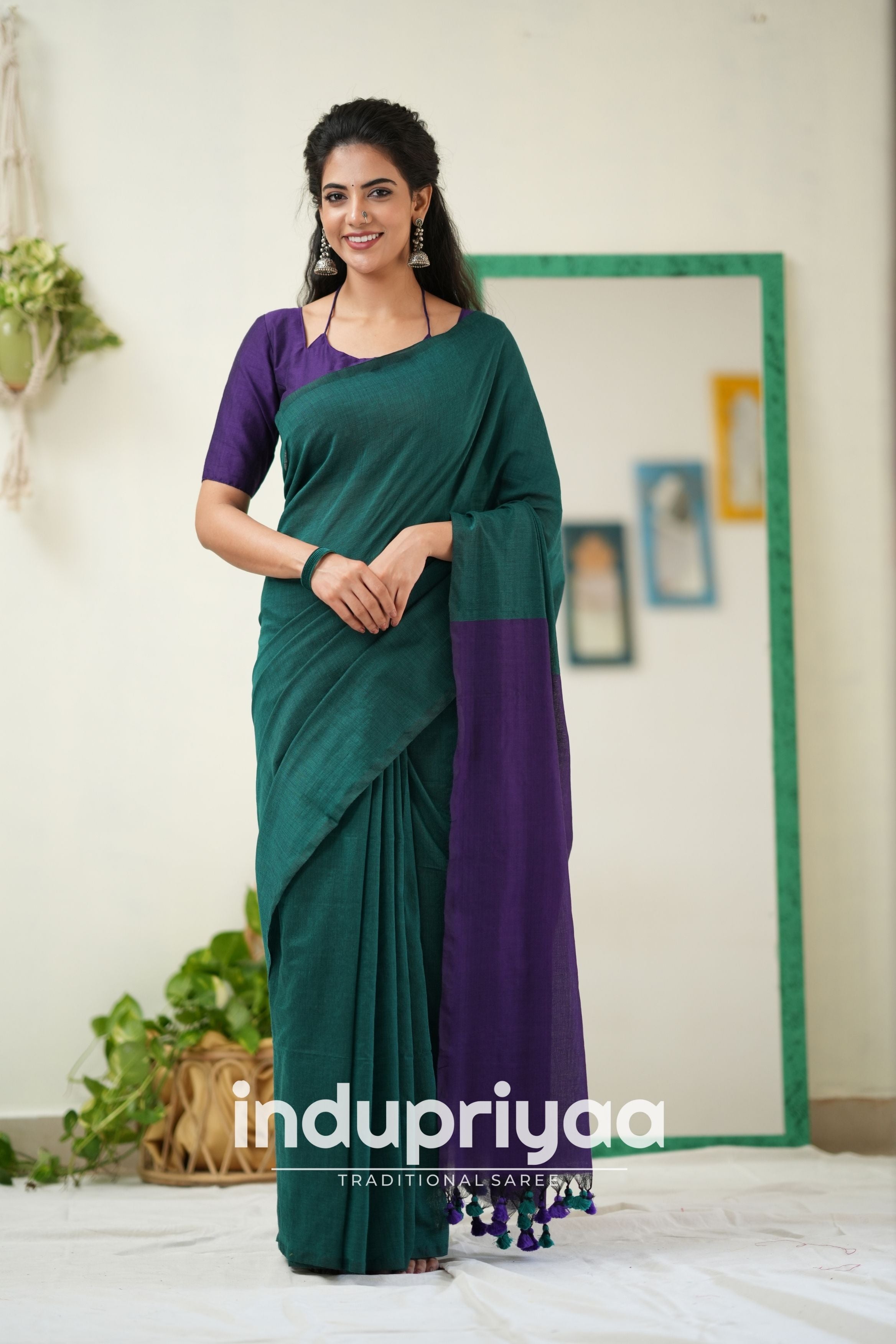 Rama Nd Purple Handloom Khadi Cotton Saree