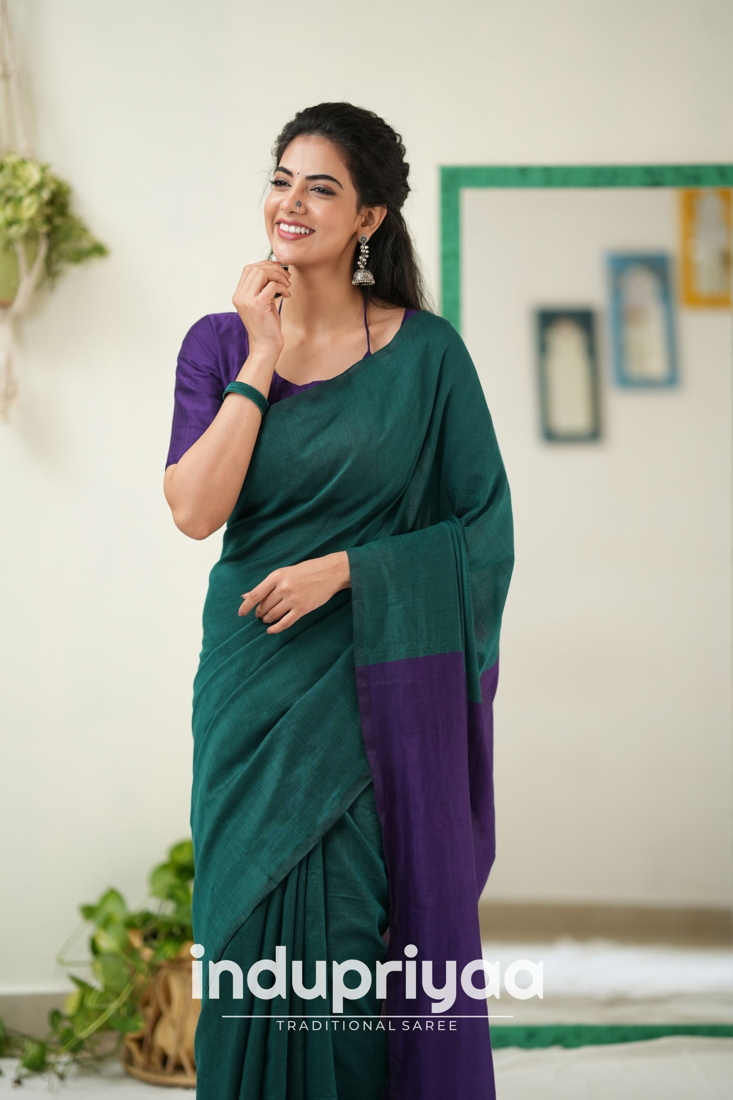 Rama Nd Purple Handloom Khadi Cotton Saree