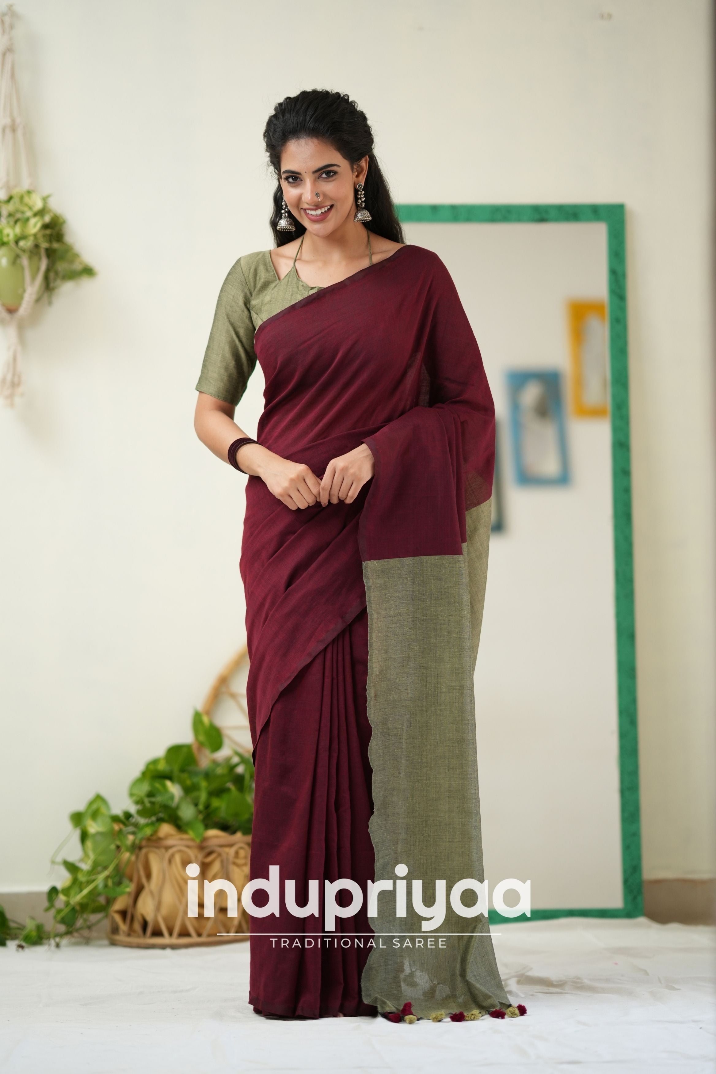 Marun Nd Grey Handloom Khadi Cotton Saree