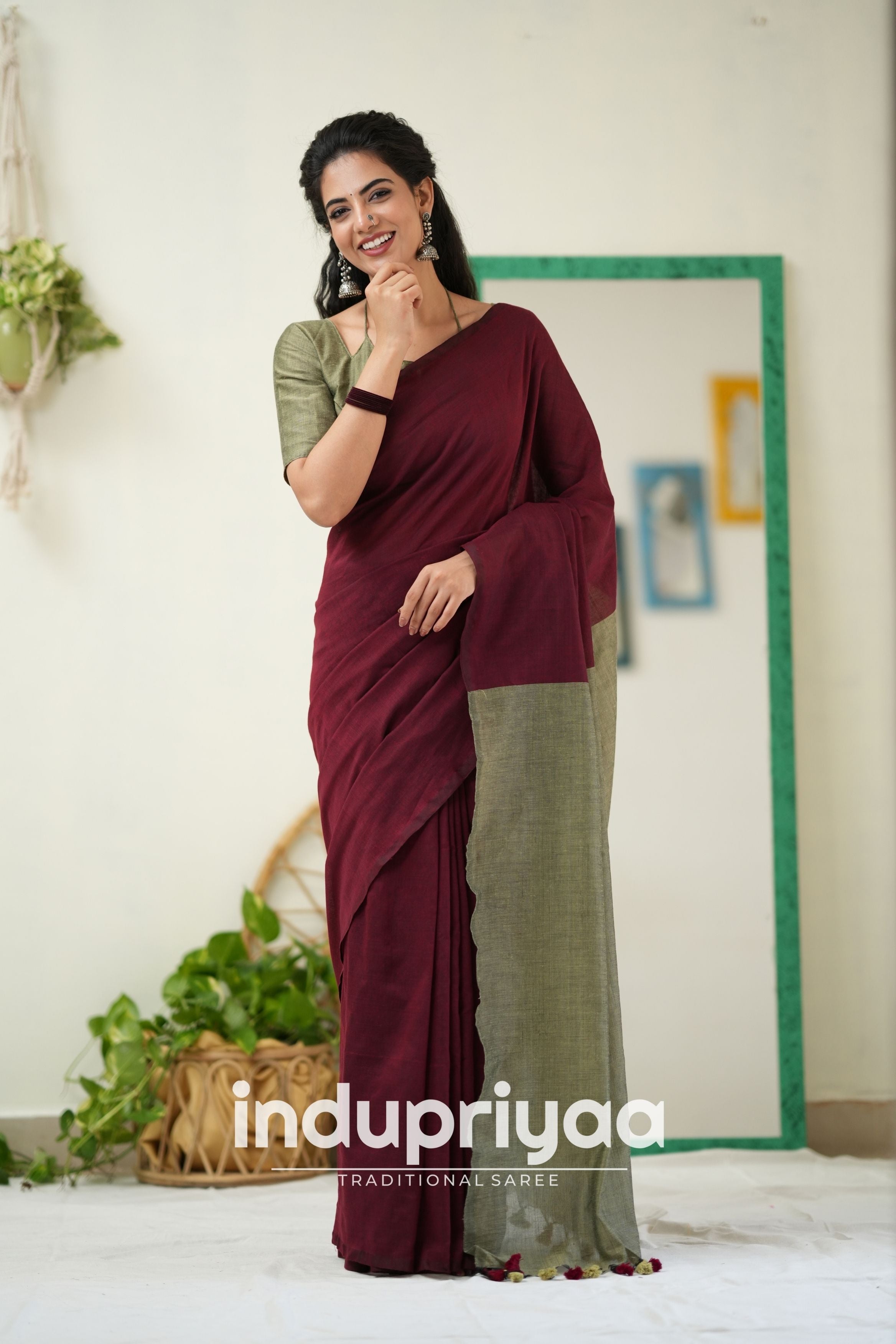 Marun Nd Grey Handloom Khadi Cotton Saree