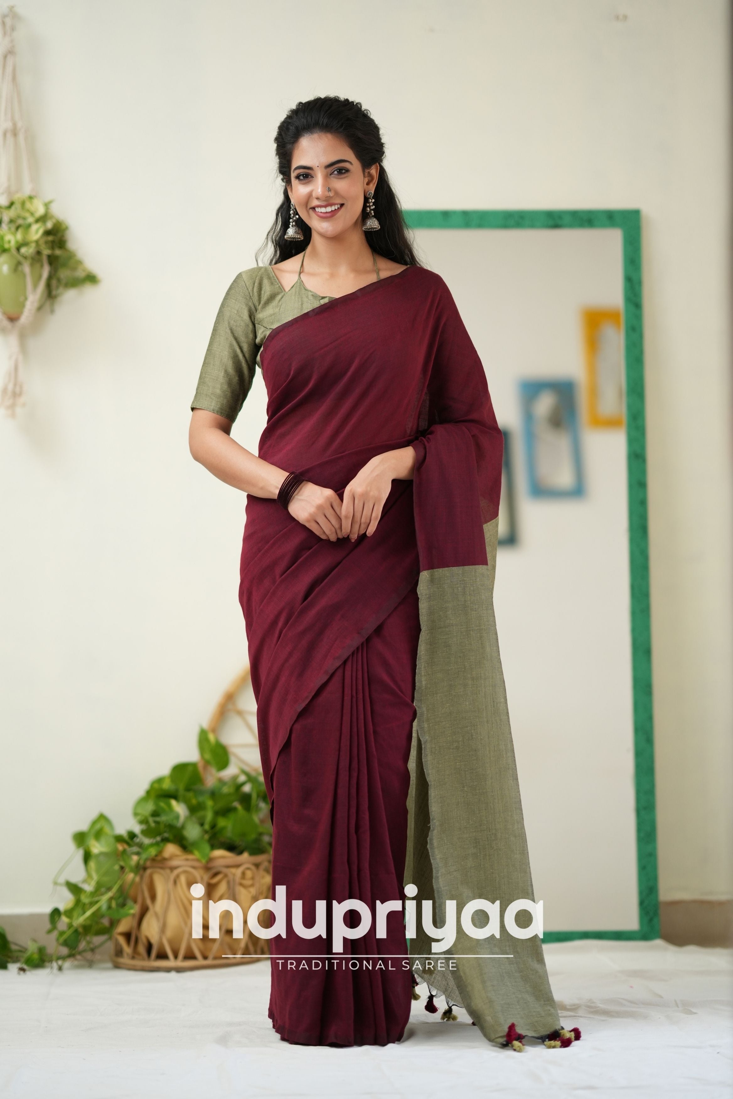 Marun Nd Grey Handloom Khadi Cotton Saree