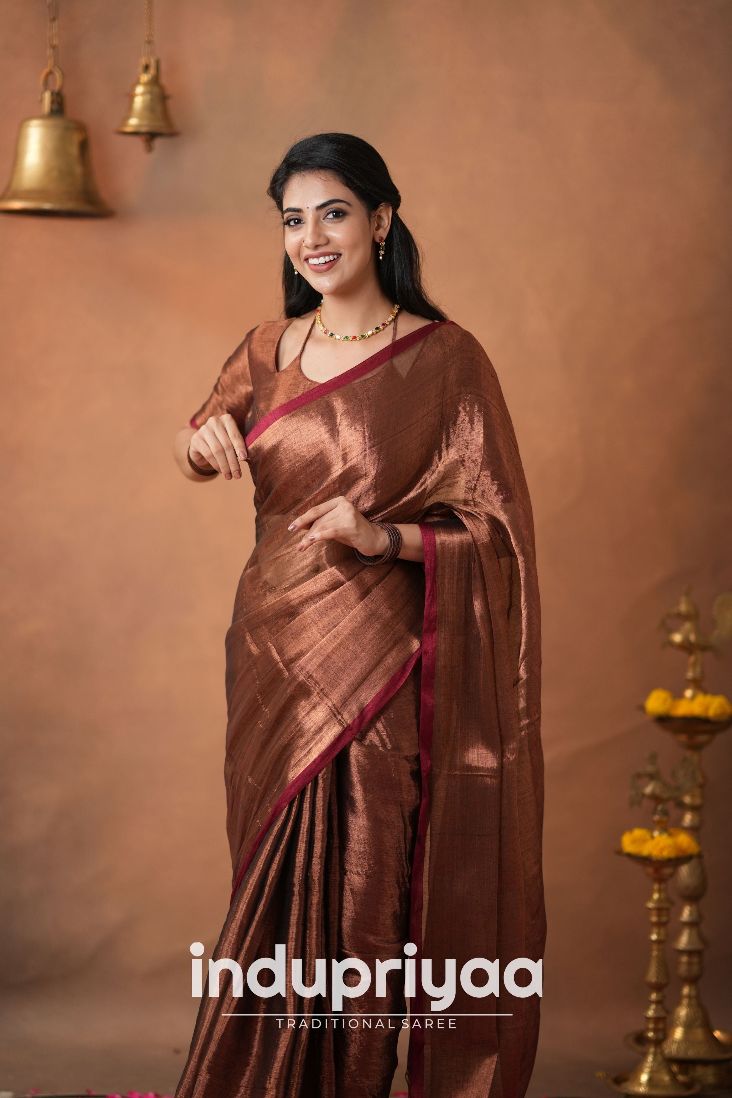Copper Handloom Tissue Cotton  Saree
