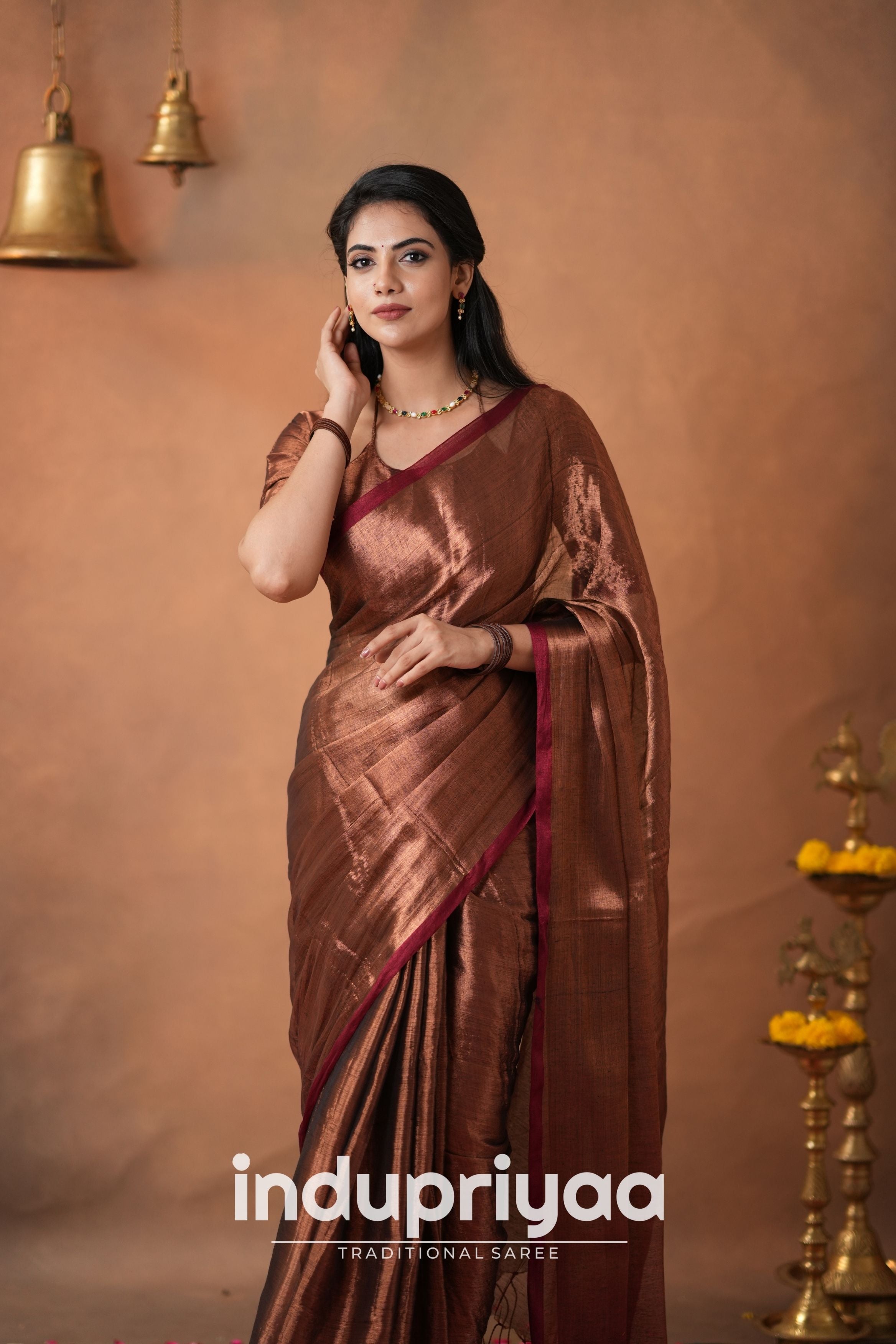 Copper Handloom Tissue Cotton  Saree