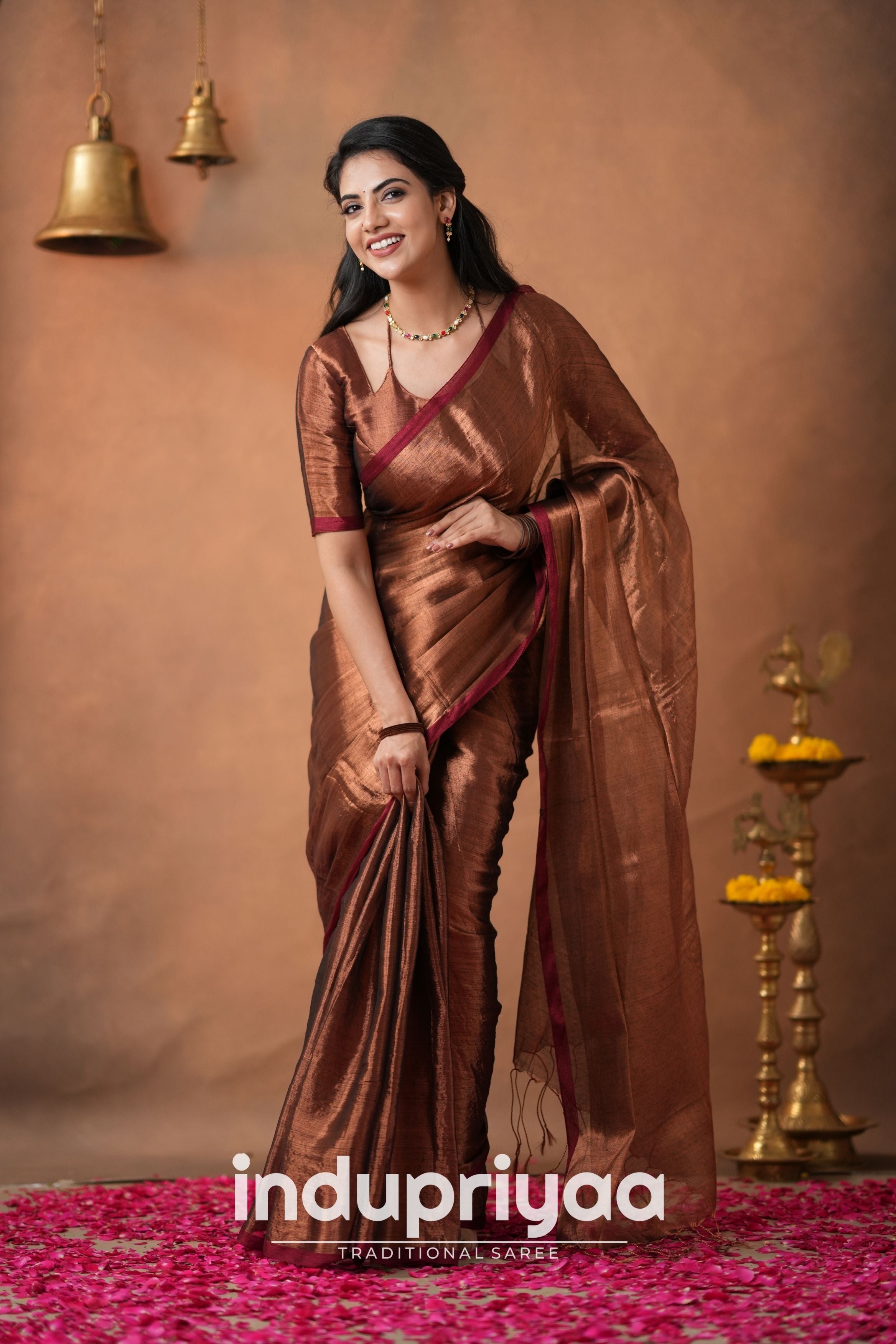 Copper Handloom Tissue Cotton  Saree
