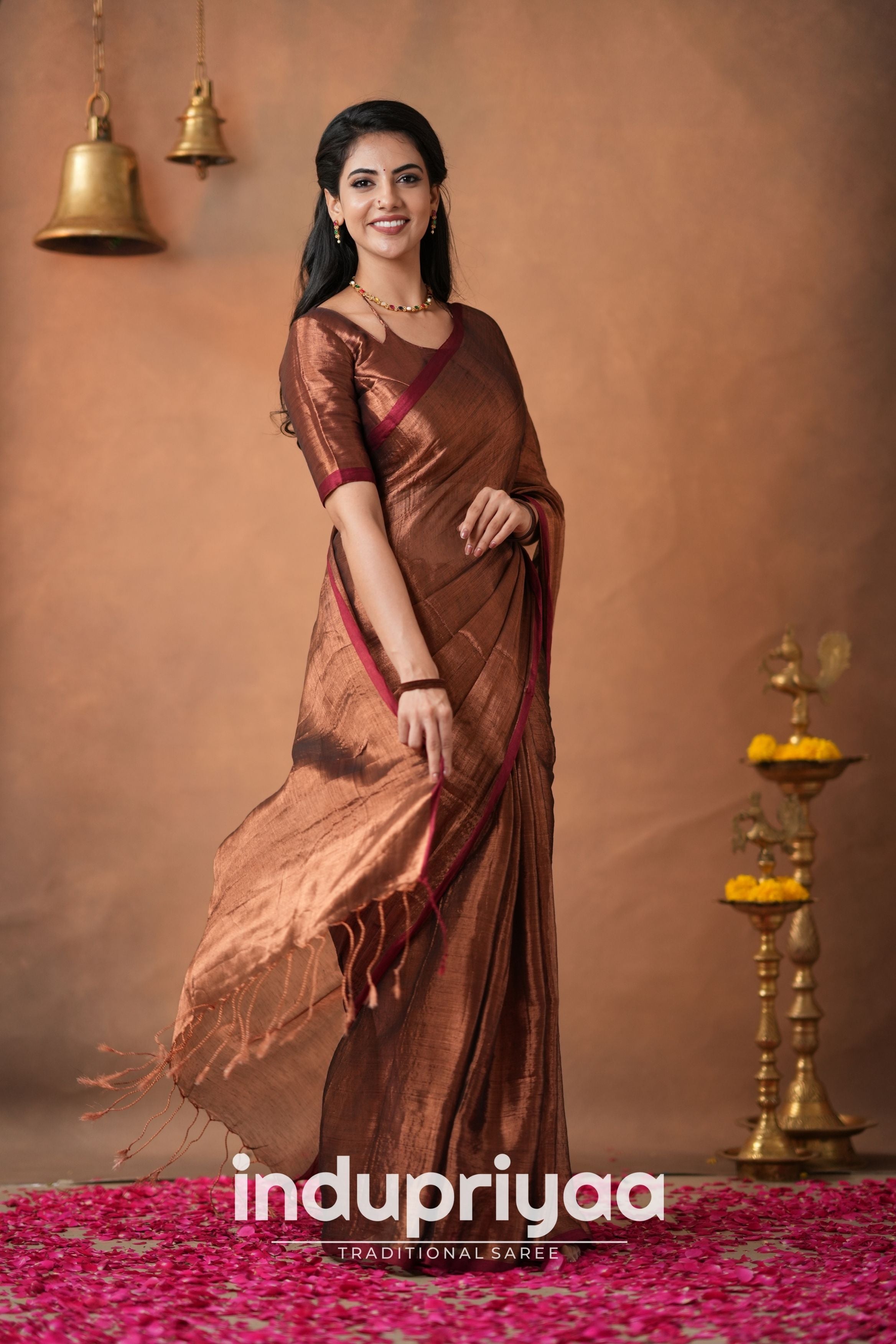 Copper Handloom Tissue Cotton  Saree