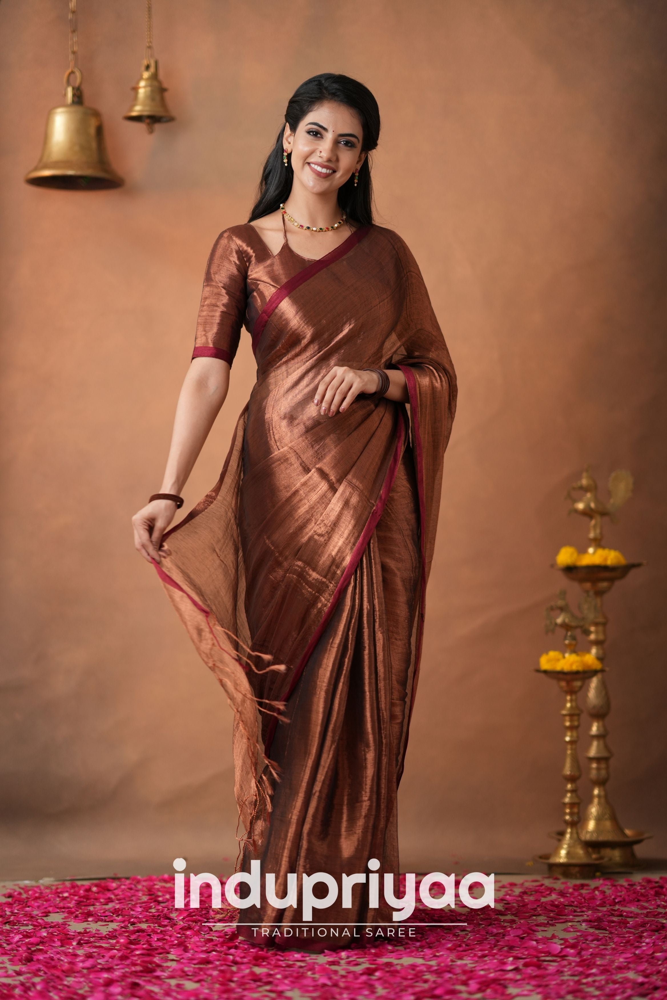 Copper Handloom Tissue Cotton  Saree