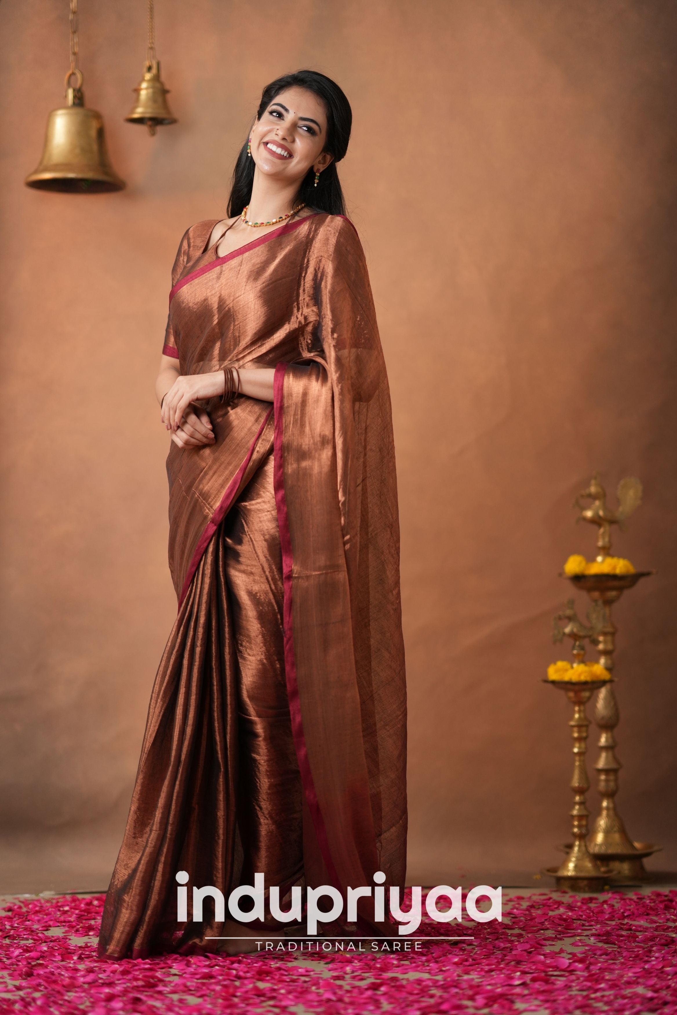 Copper Handloom Tissue Cotton  Saree