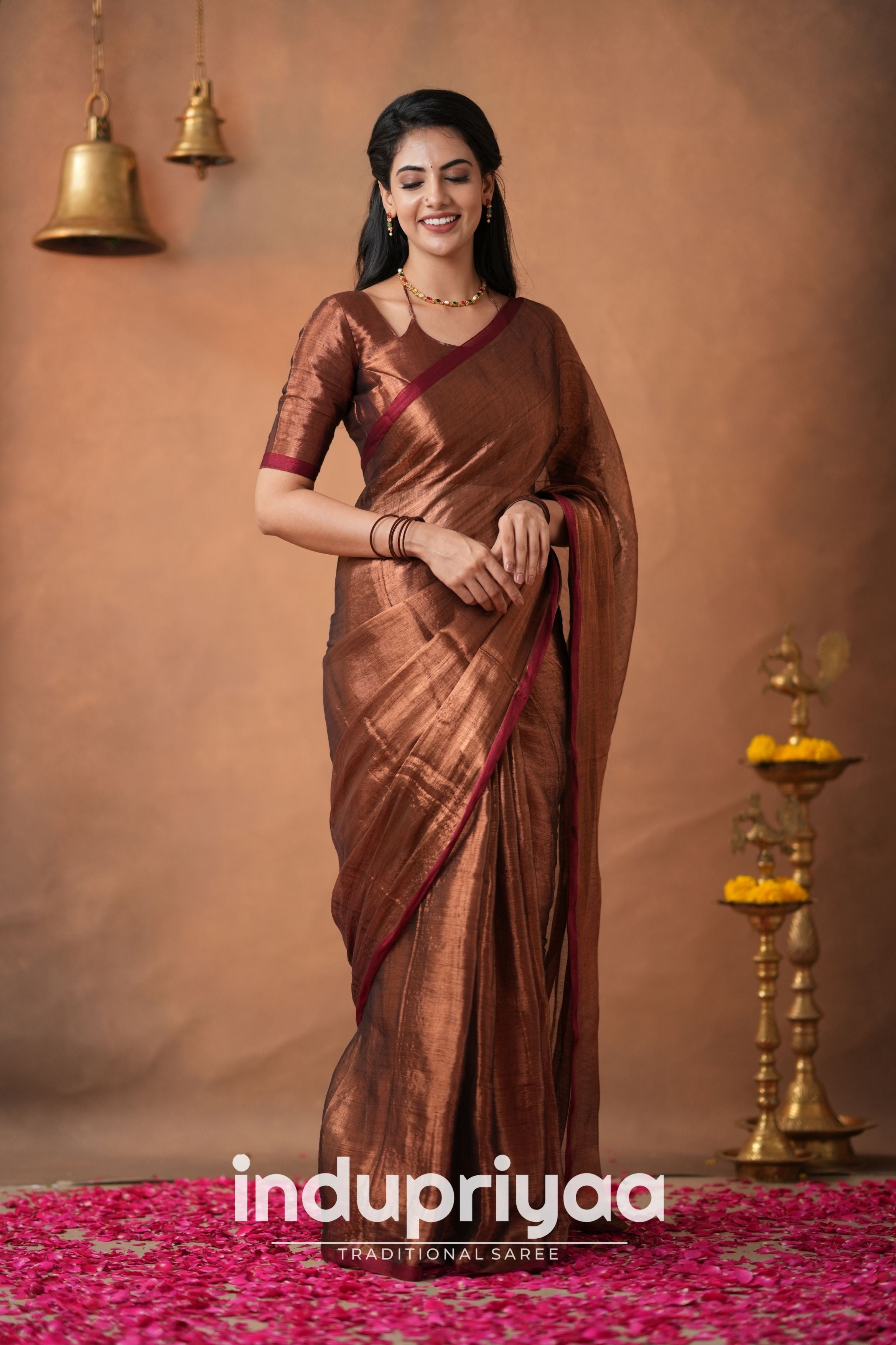 Copper Handloom Tissue Cotton  Saree
