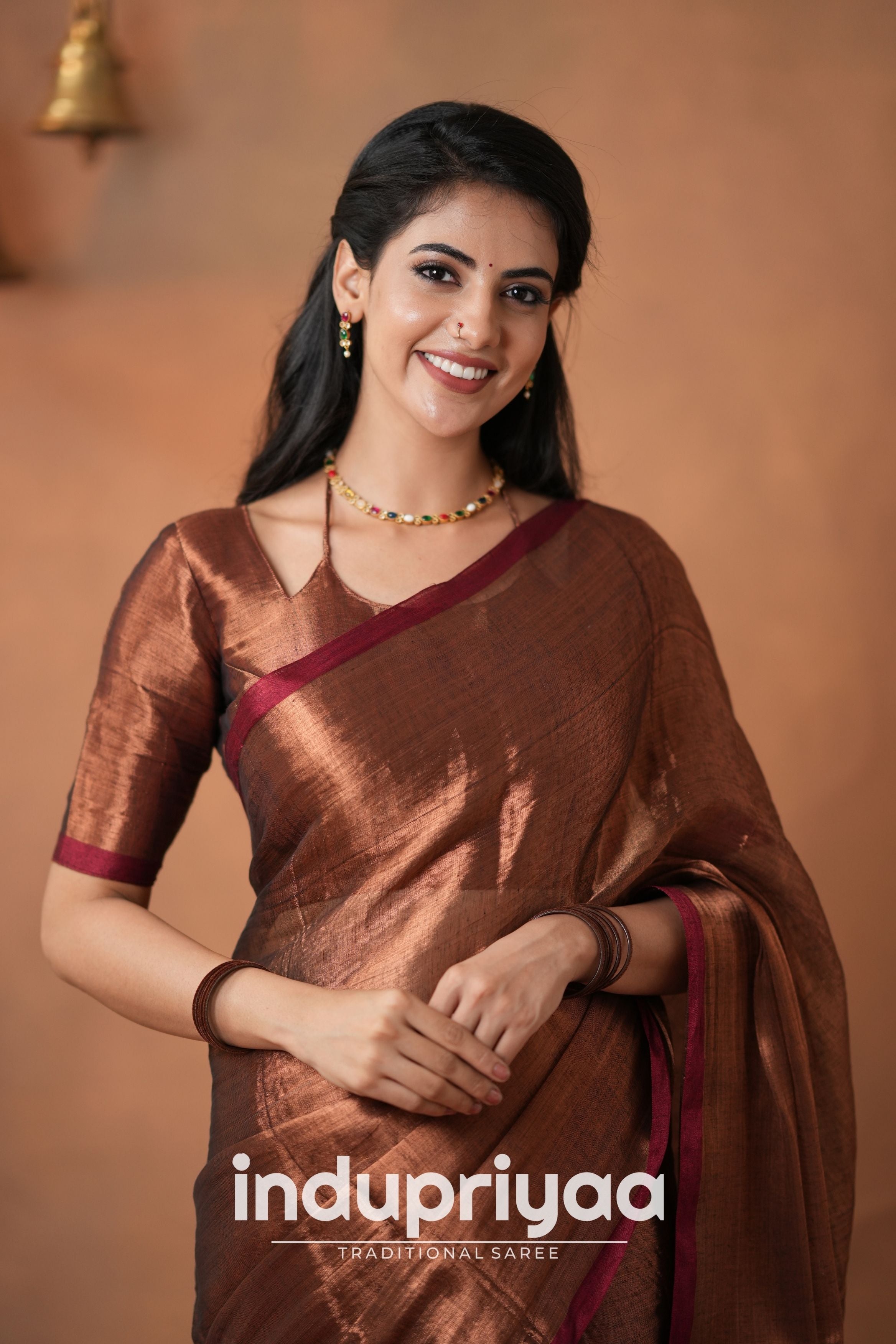 Copper Handloom Tissue Cotton  Saree