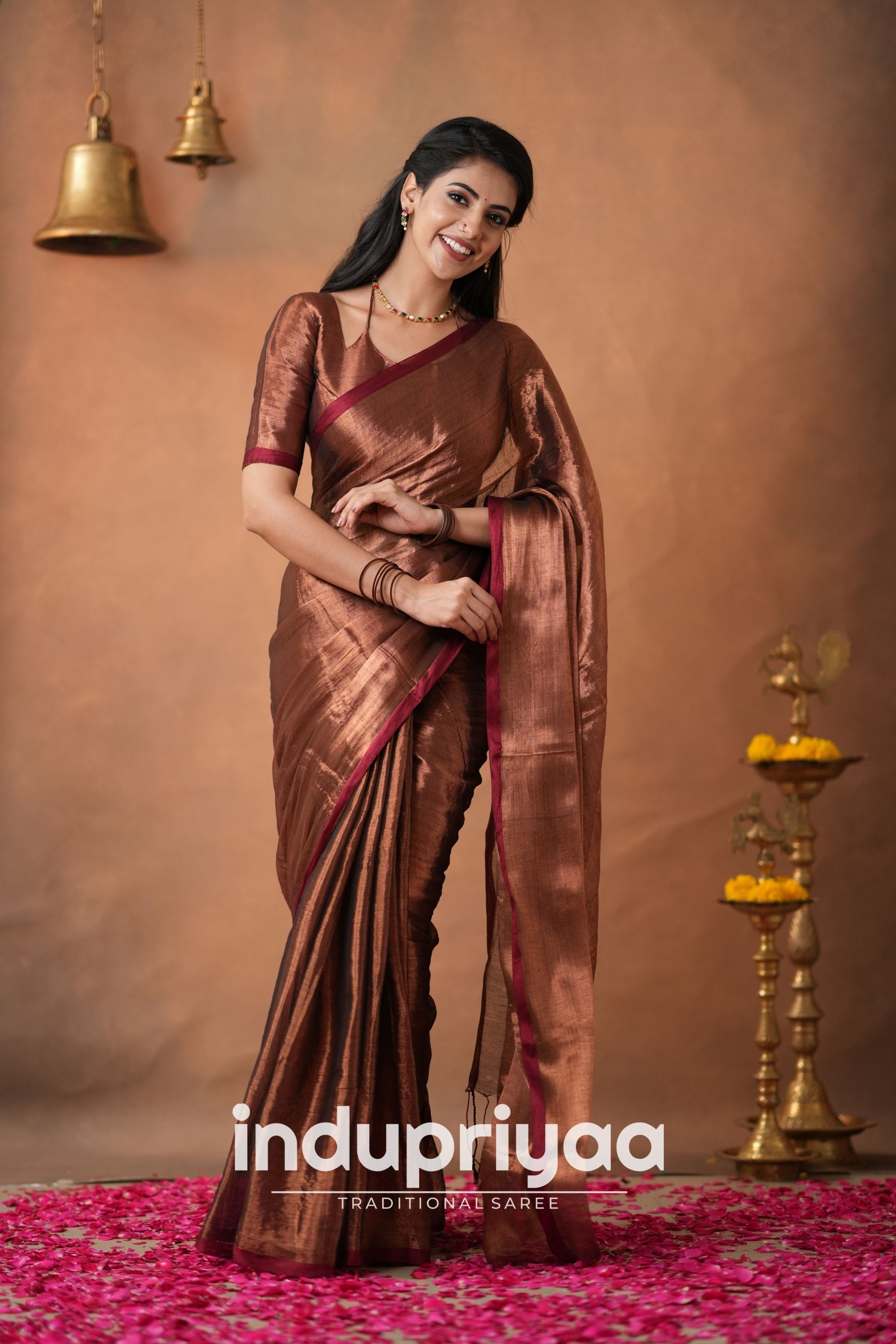 Copper Handloom Tissue Cotton  Saree
