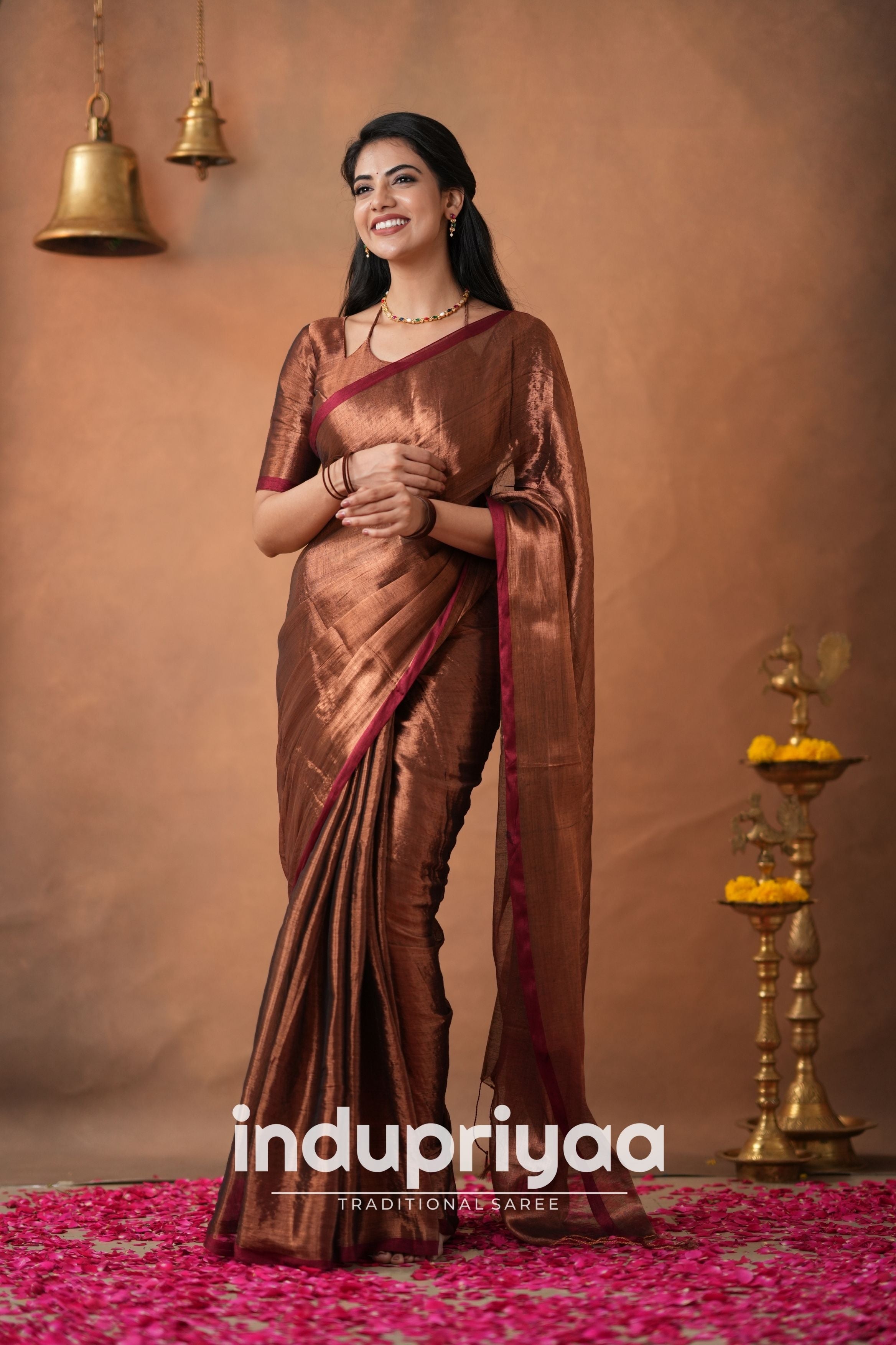 Copper Handloom Tissue Cotton  Saree