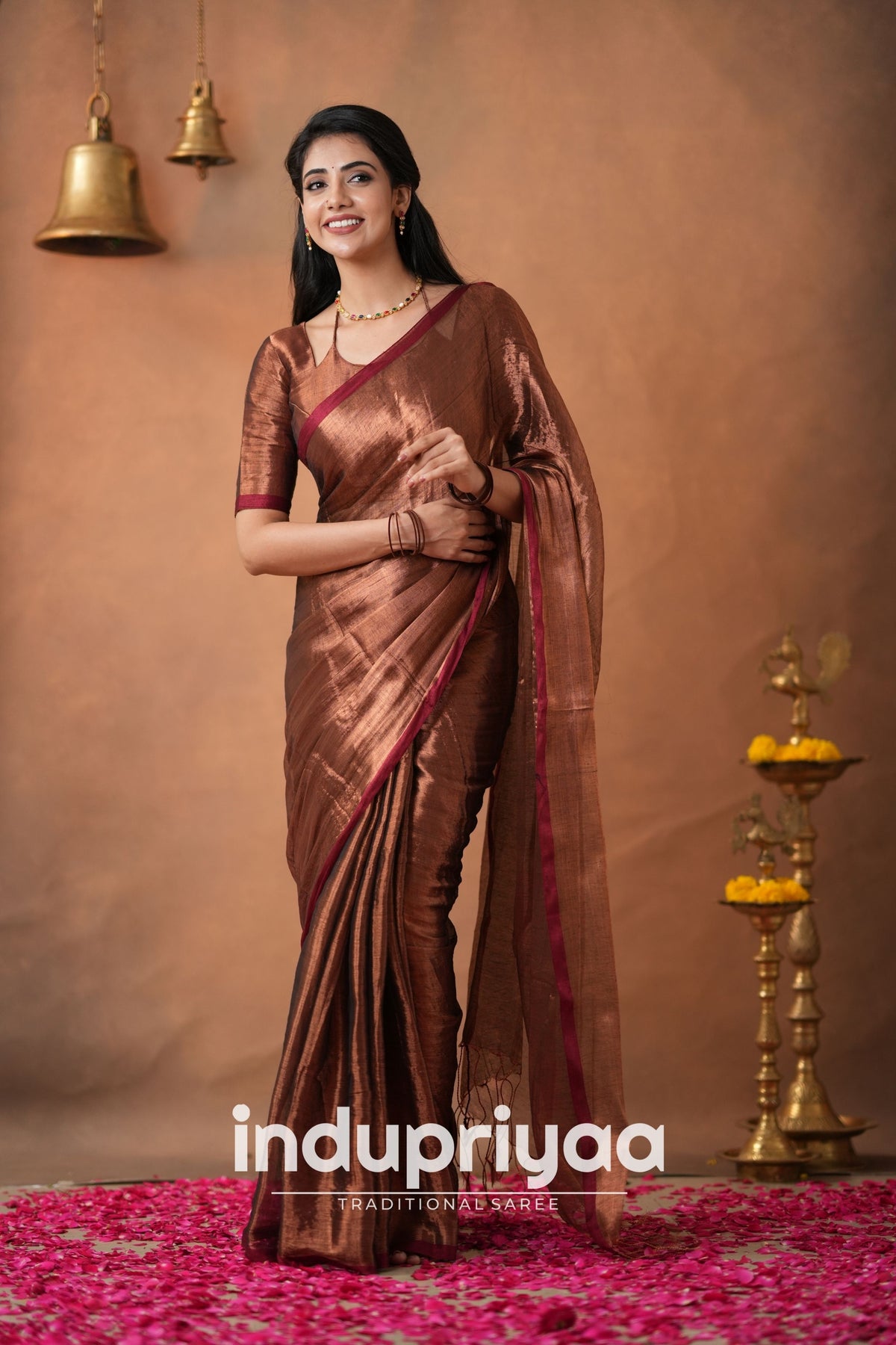 Copper Handloom Tissue Cotton  Saree