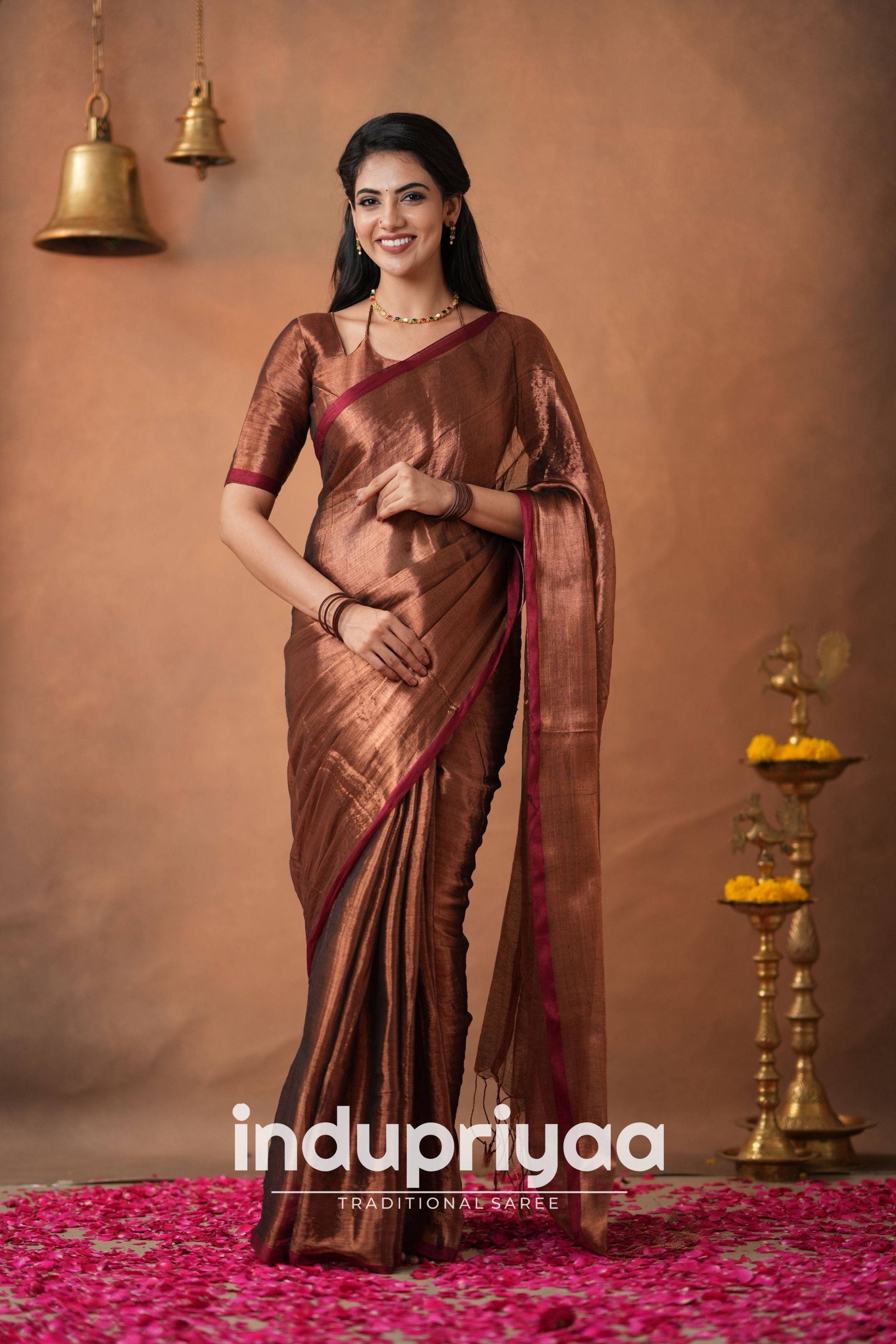 Copper Handloom Tissue Cotton  Saree