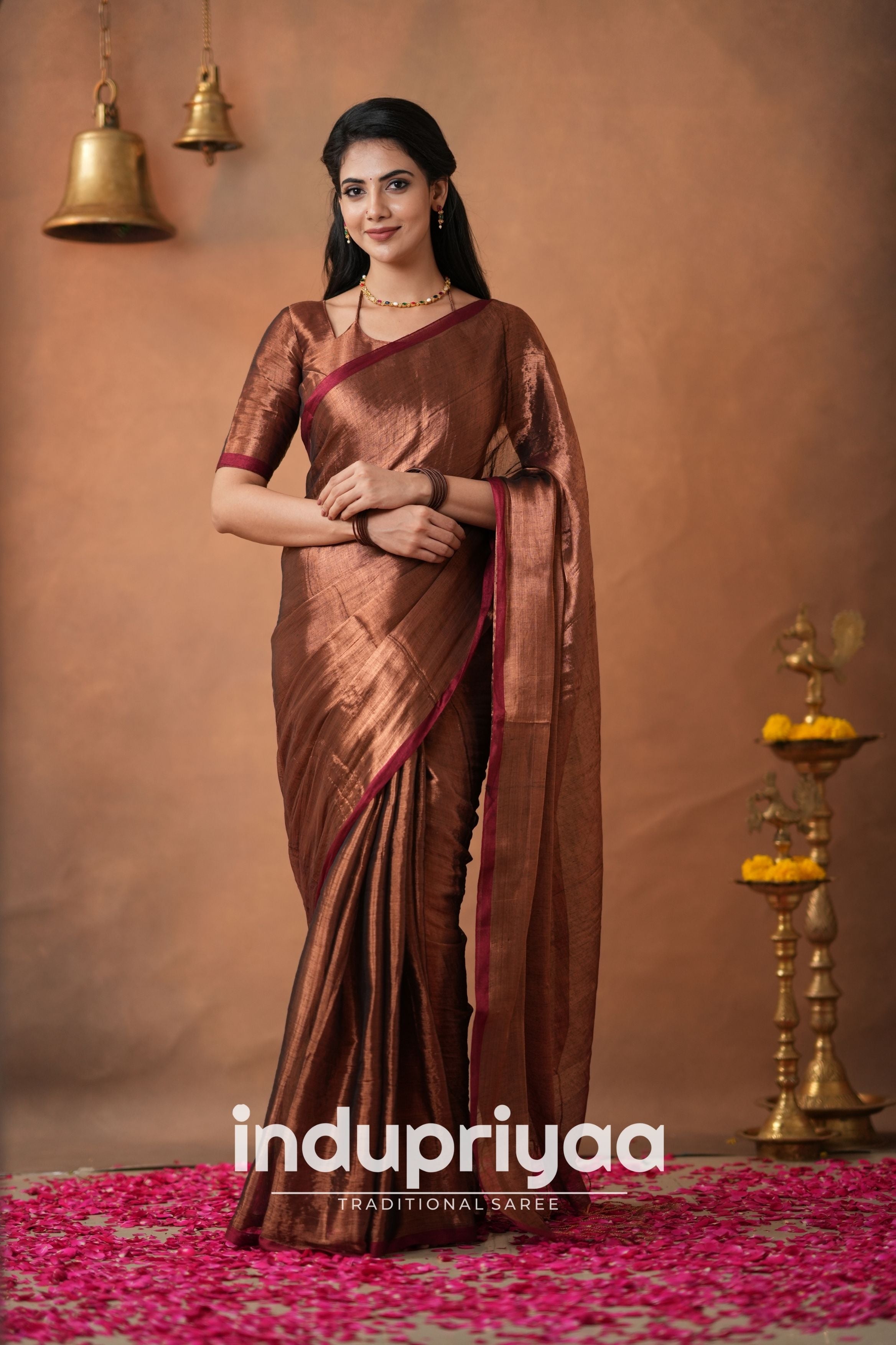 Copper Handloom Tissue Cotton  Saree