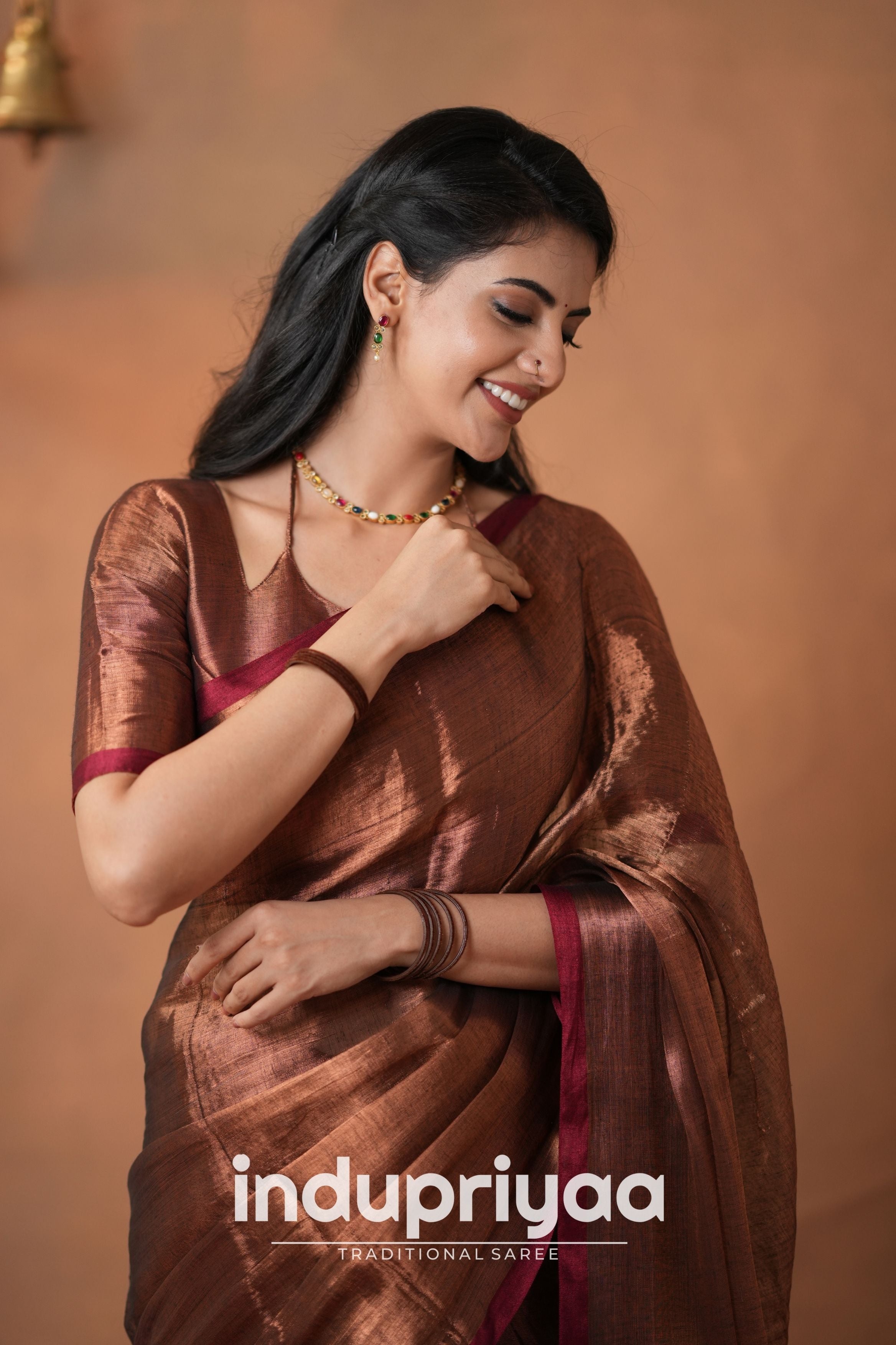 Copper Handloom Tissue Cotton  Saree