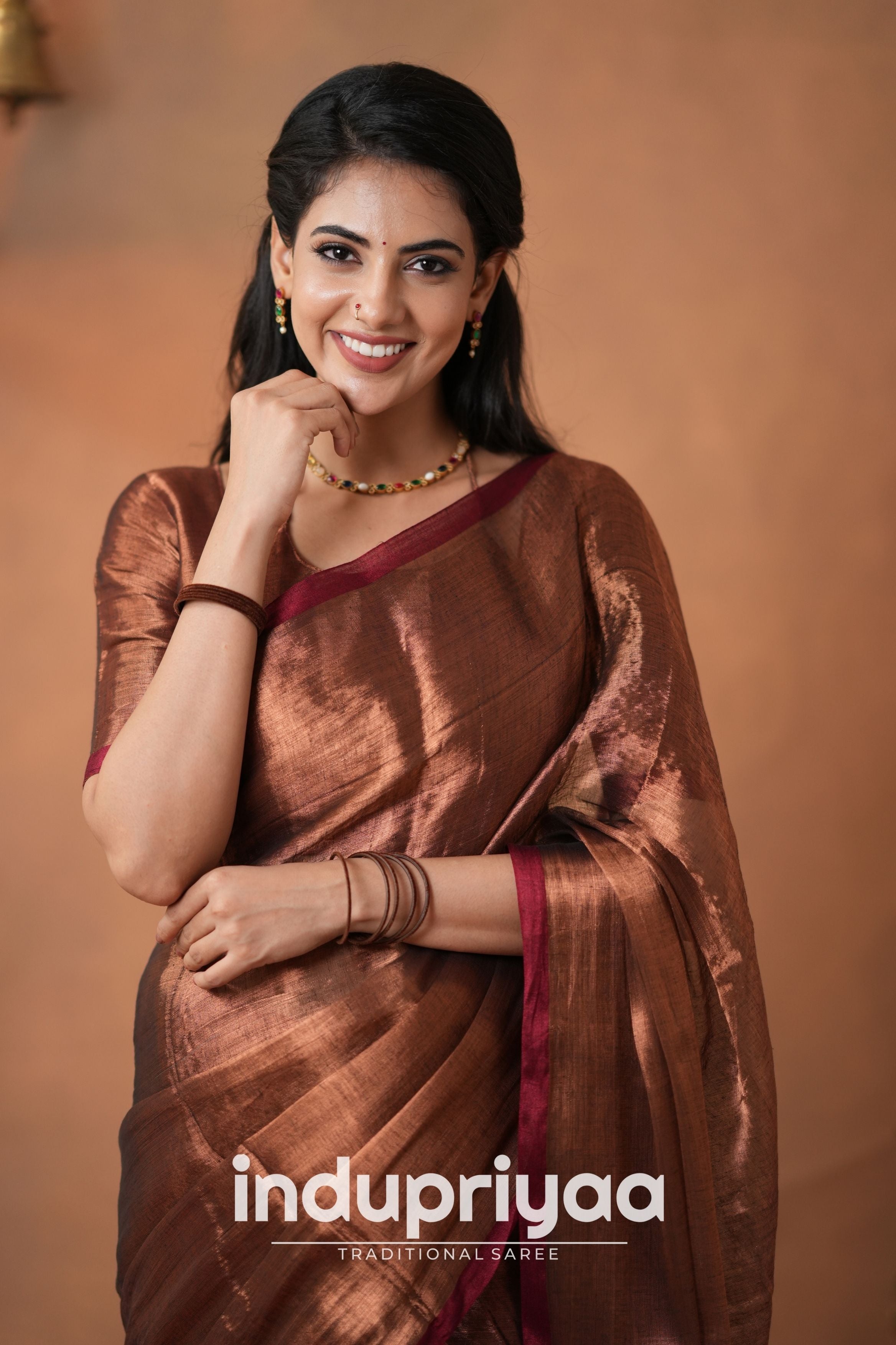 Copper Handloom Tissue Cotton  Saree
