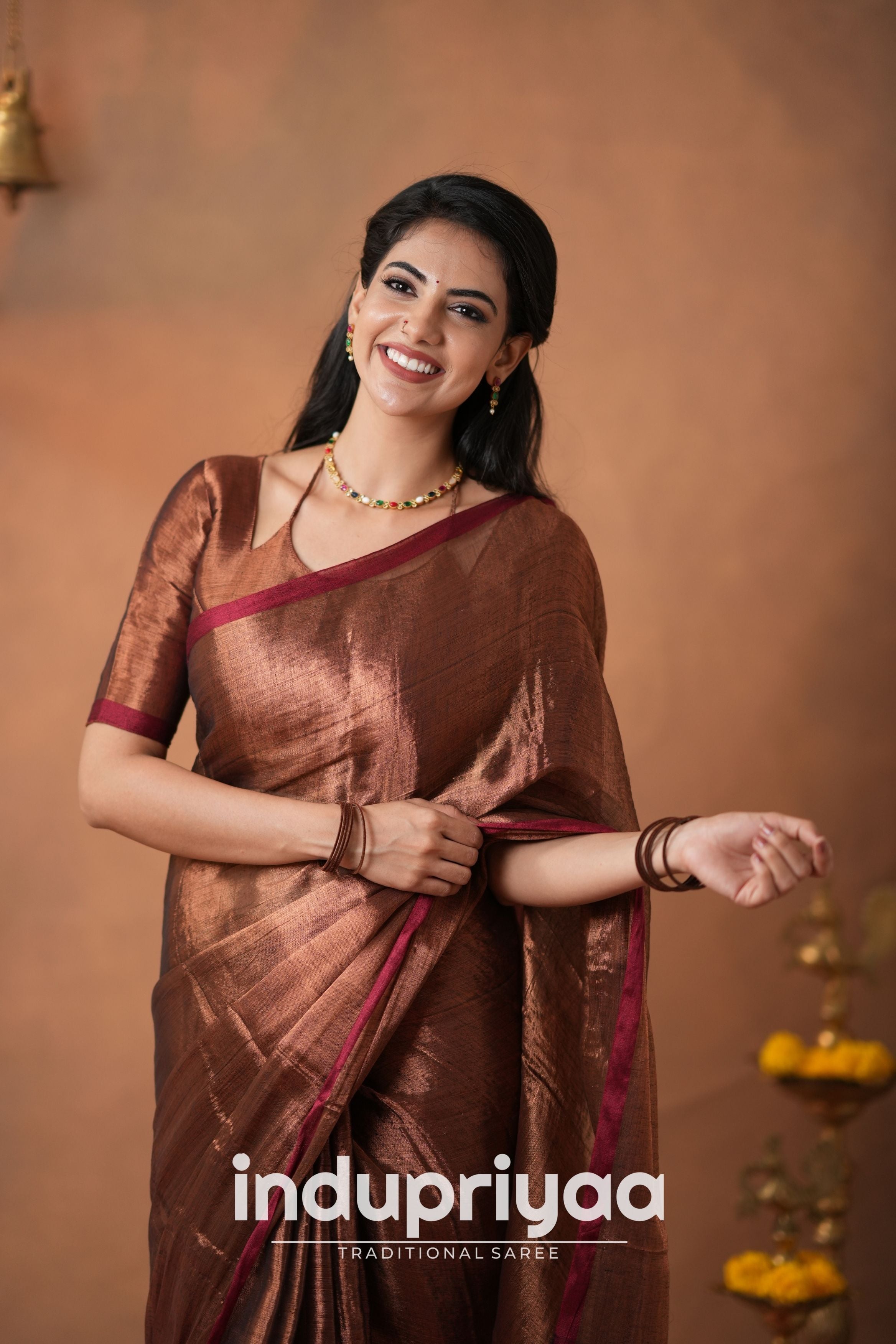 Copper Handloom Tissue Cotton  Saree
