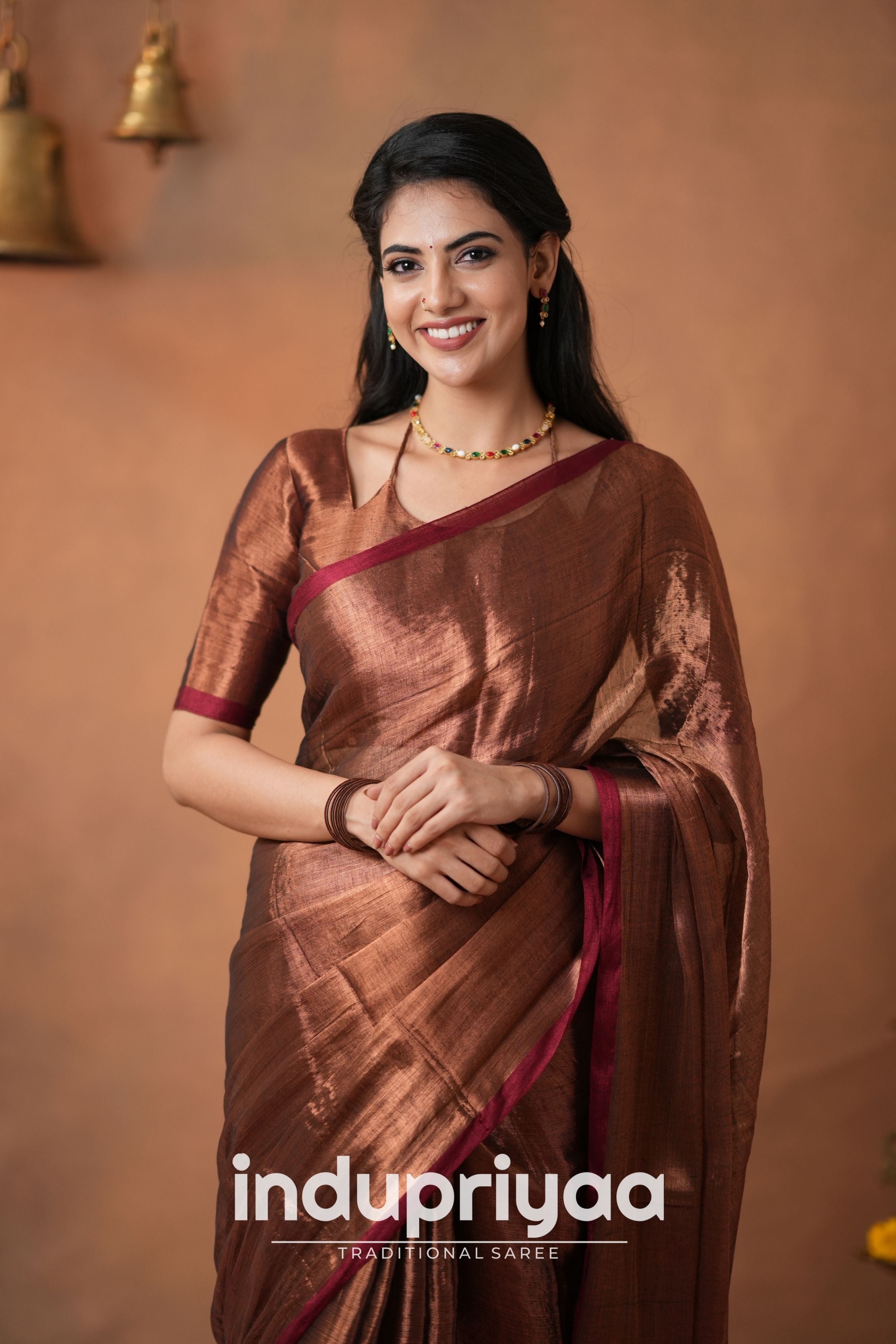 Copper Handloom Tissue Cotton  Saree