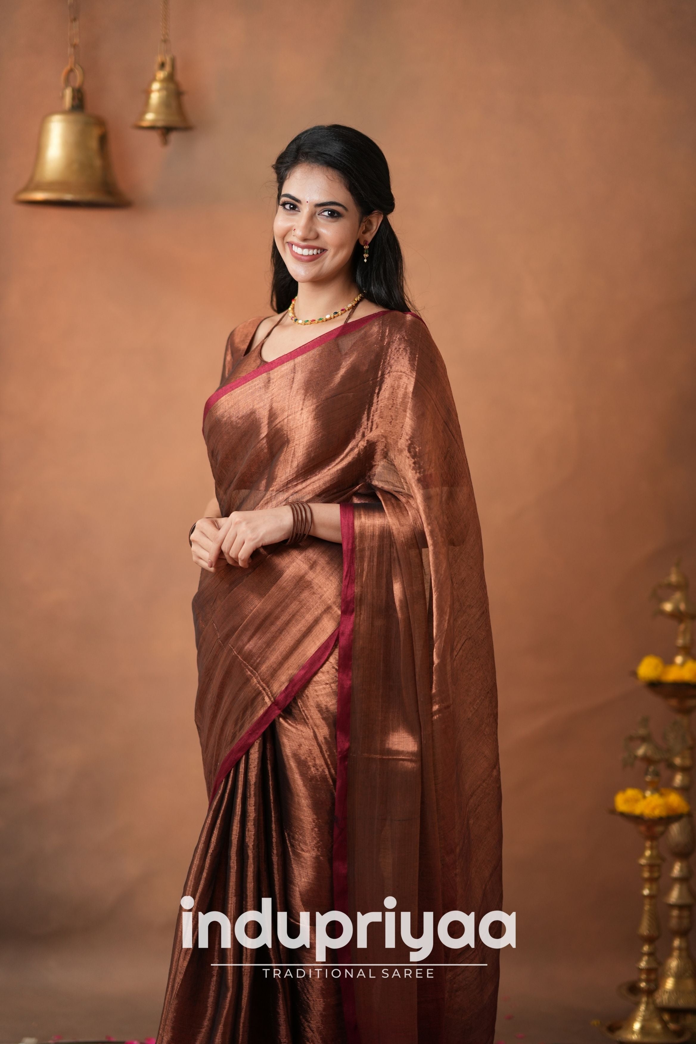Copper Handloom Tissue Cotton  Saree