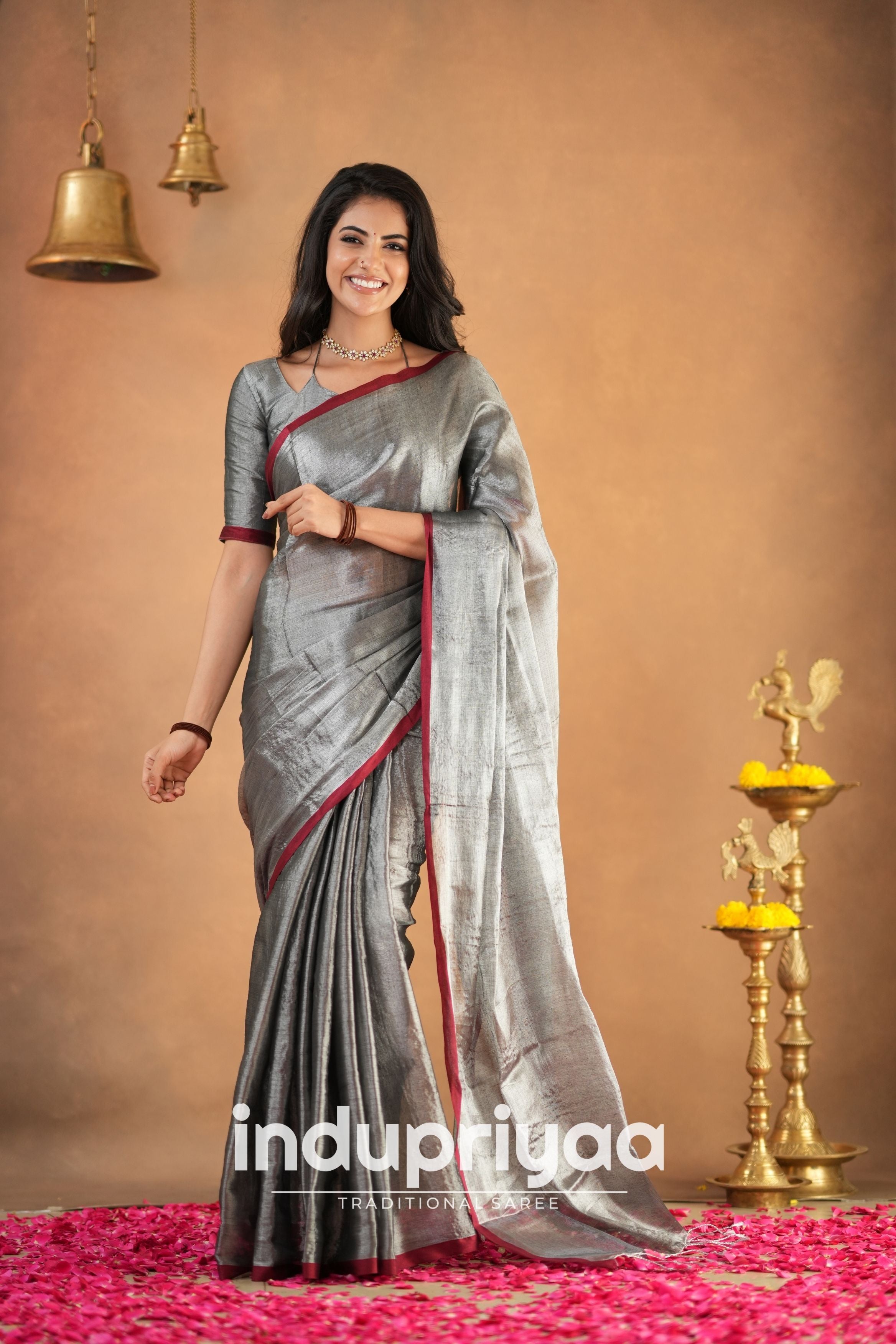 Silver Grey Handloom Tissue Cotton Saree
