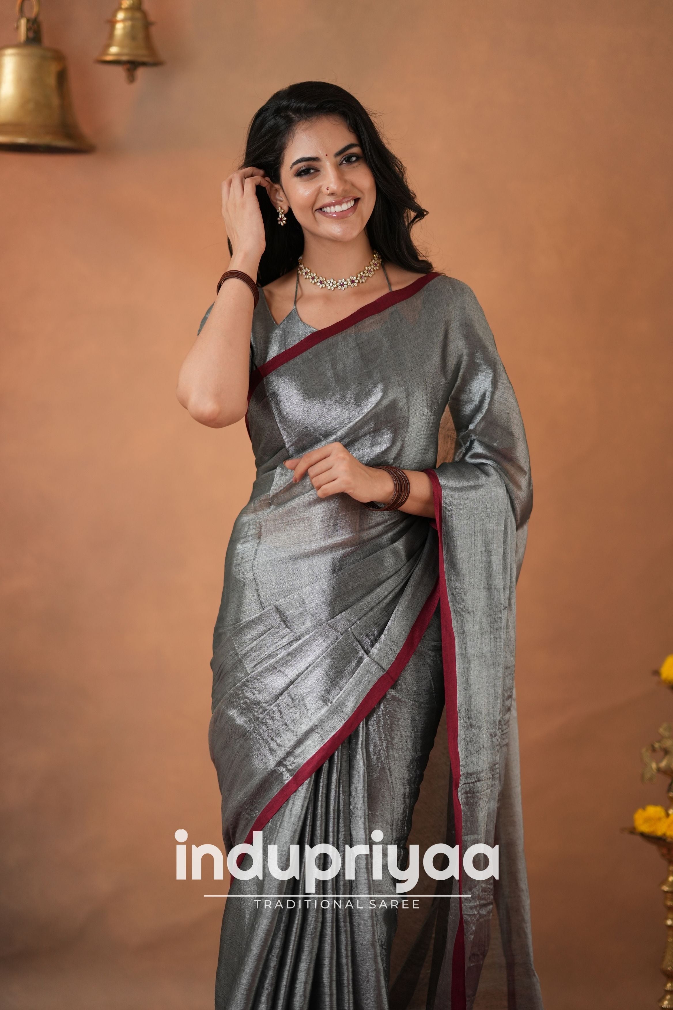Silver Grey Handloom Tissue Cotton Saree