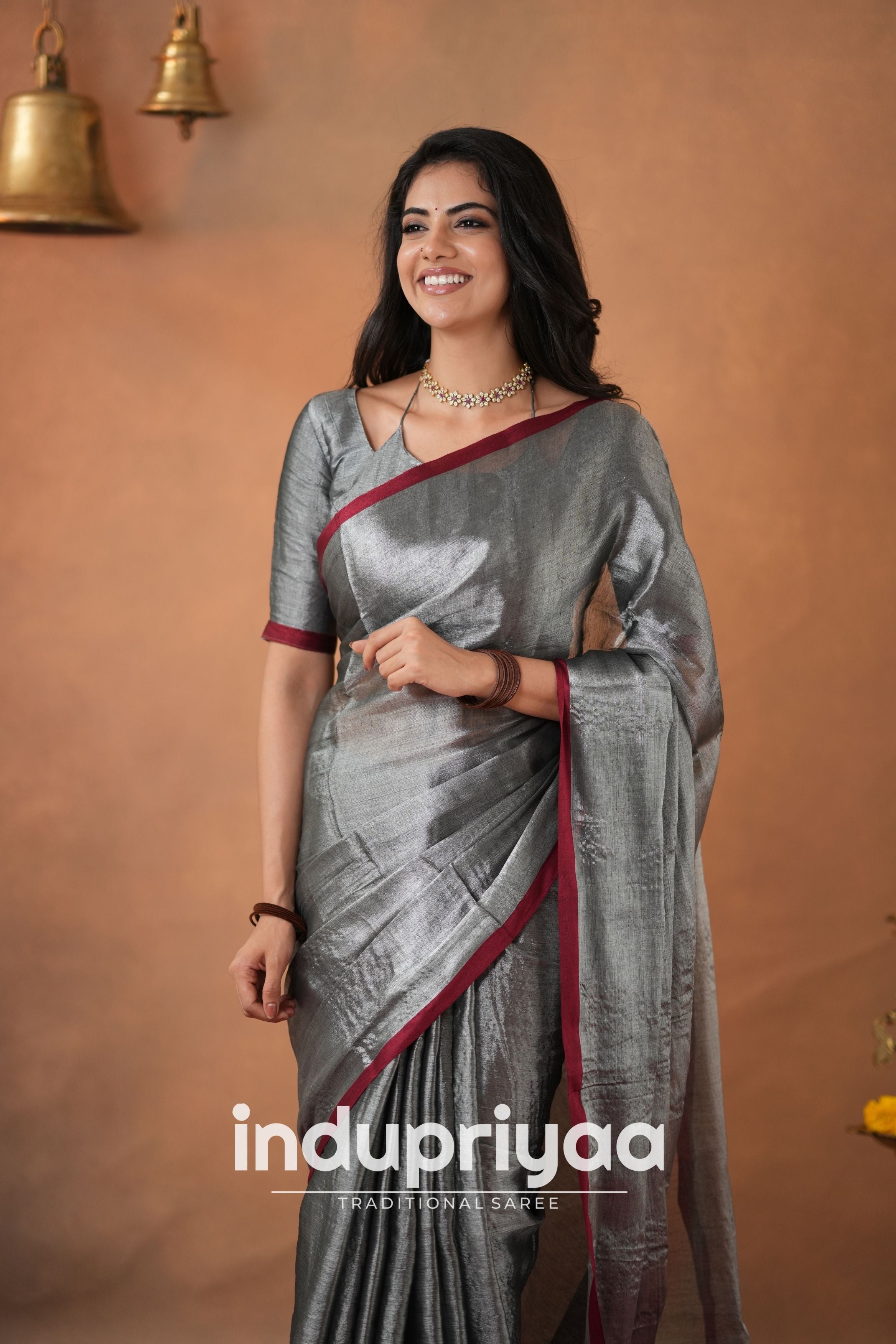 Silver Grey Handloom Tissue Cotton Saree