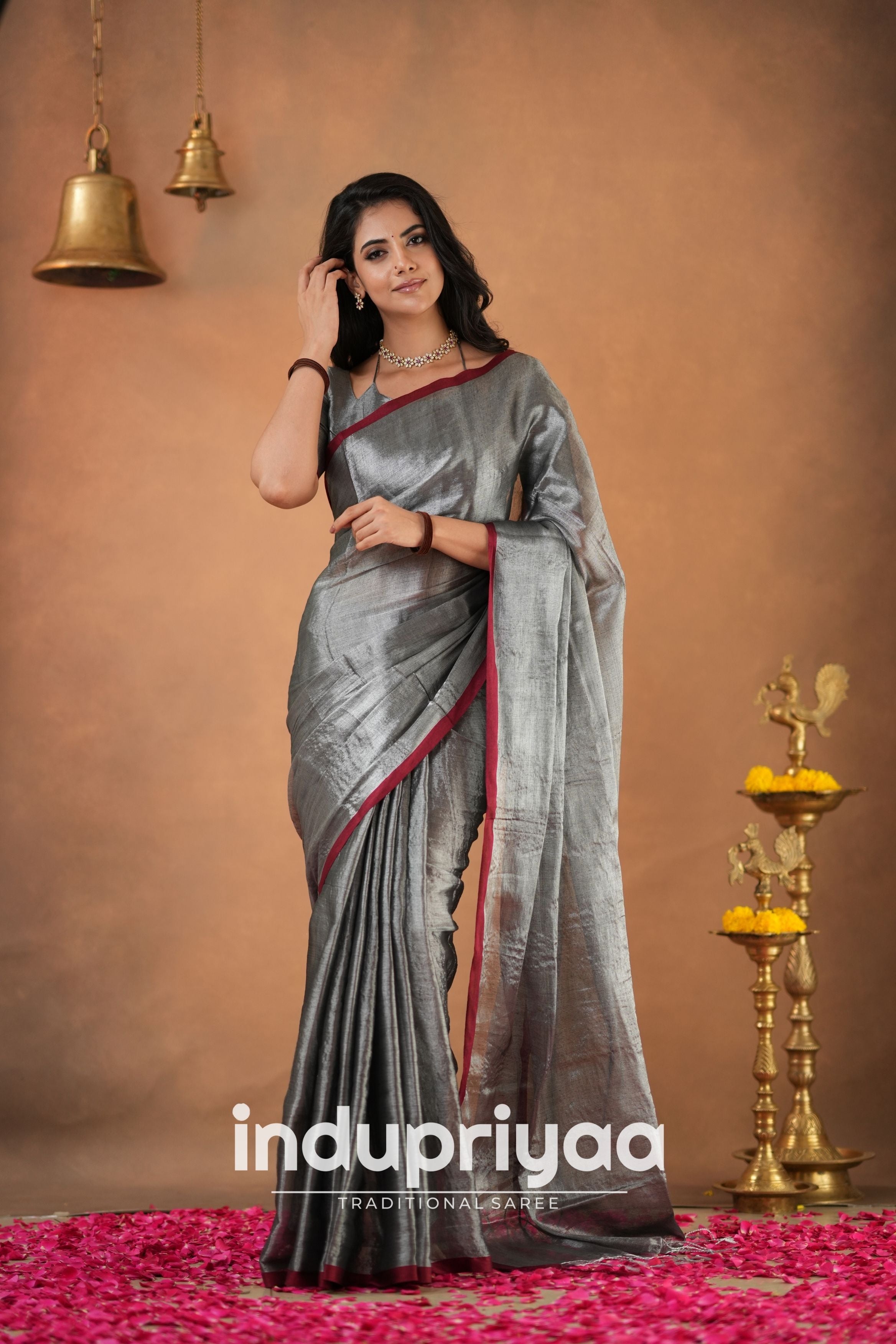 Silver Grey Handloom Tissue Cotton Saree