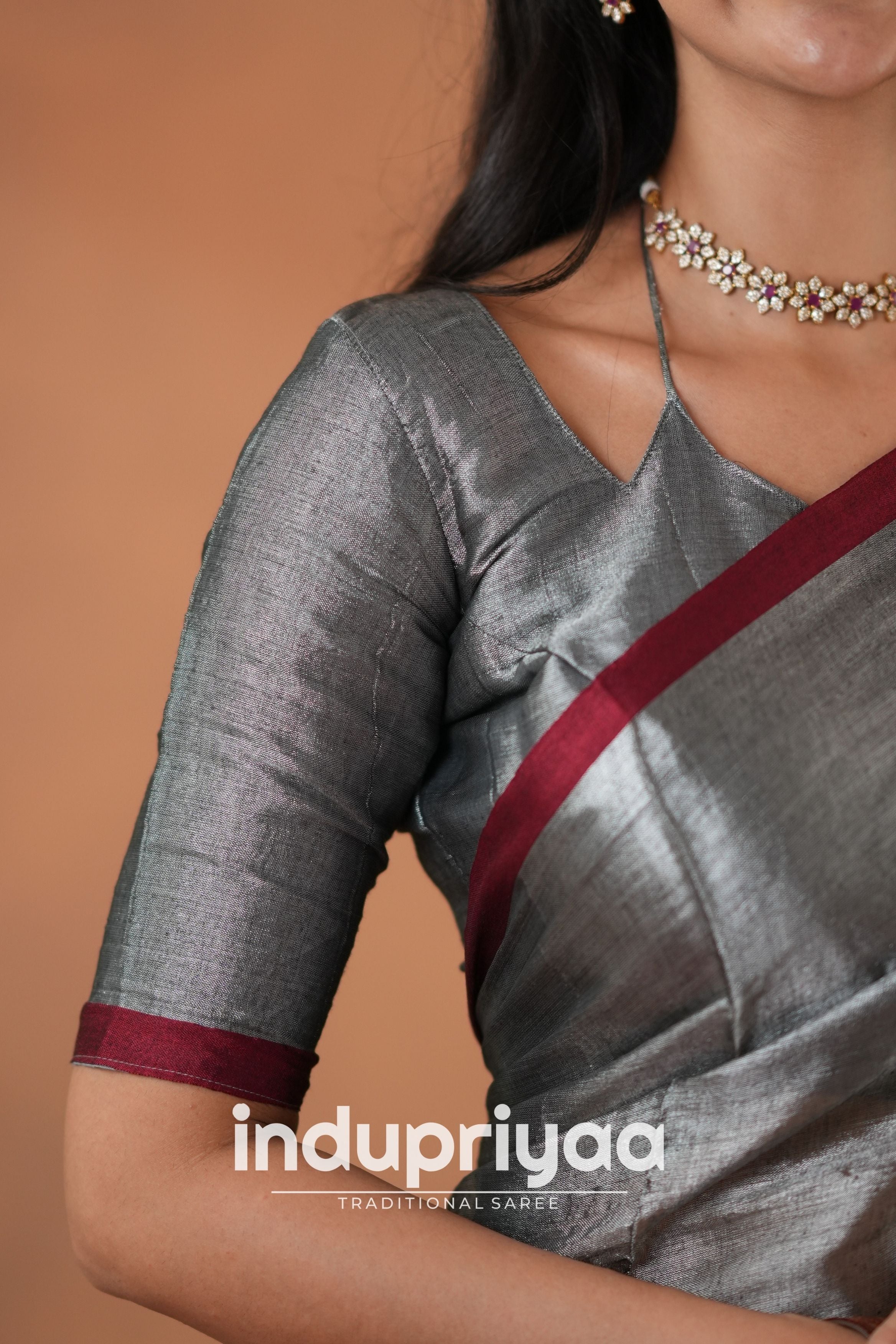 Silver Grey Handloom Tissue Cotton Saree