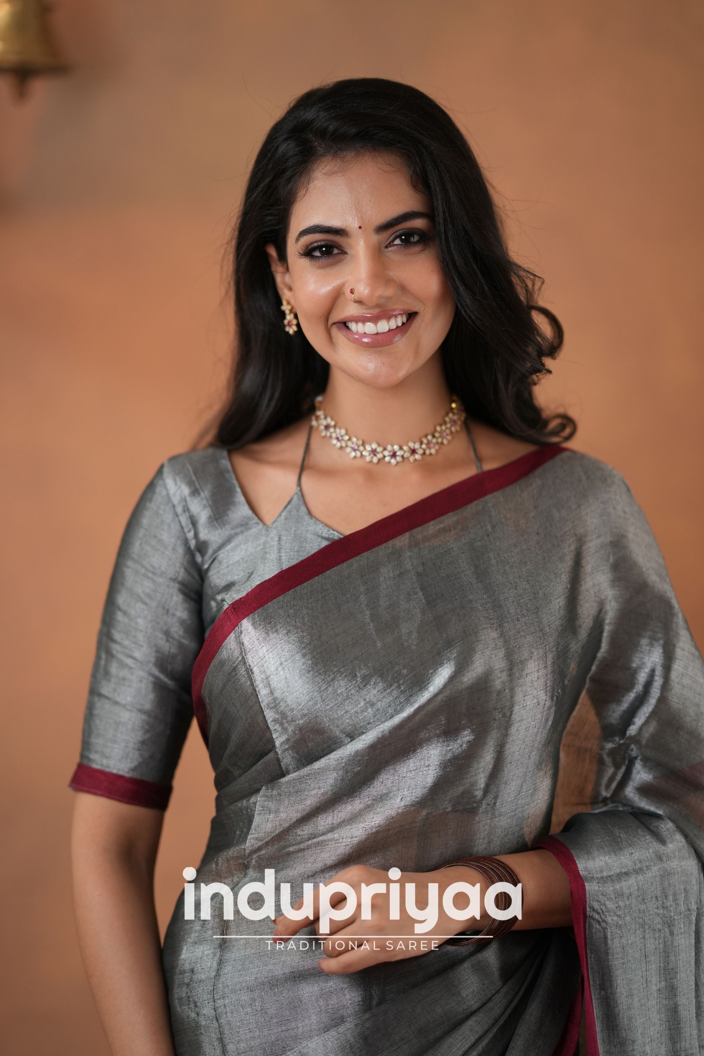 Silver Grey Handloom Tissue Cotton Saree