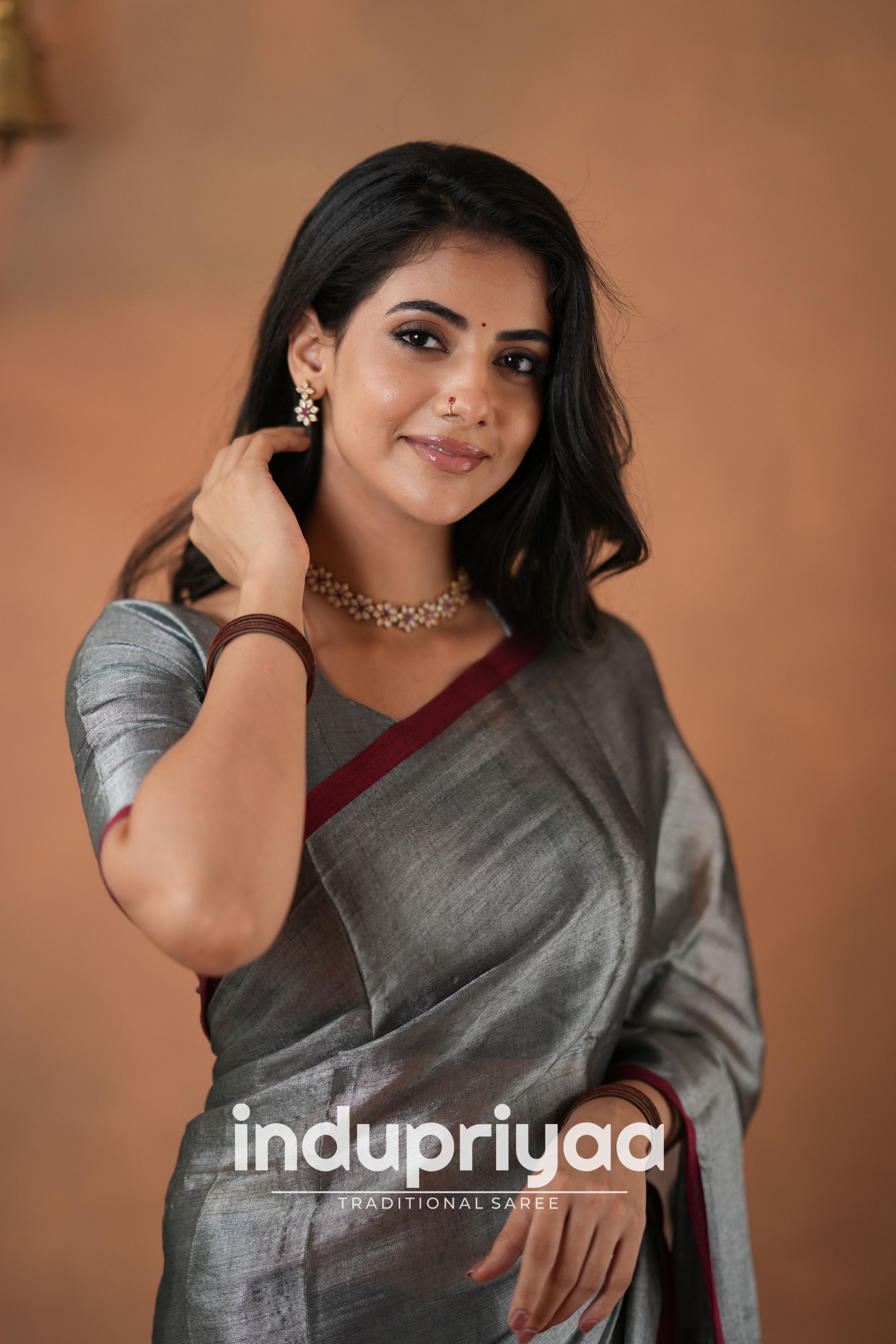 Silver Grey Handloom Tissue Cotton Saree