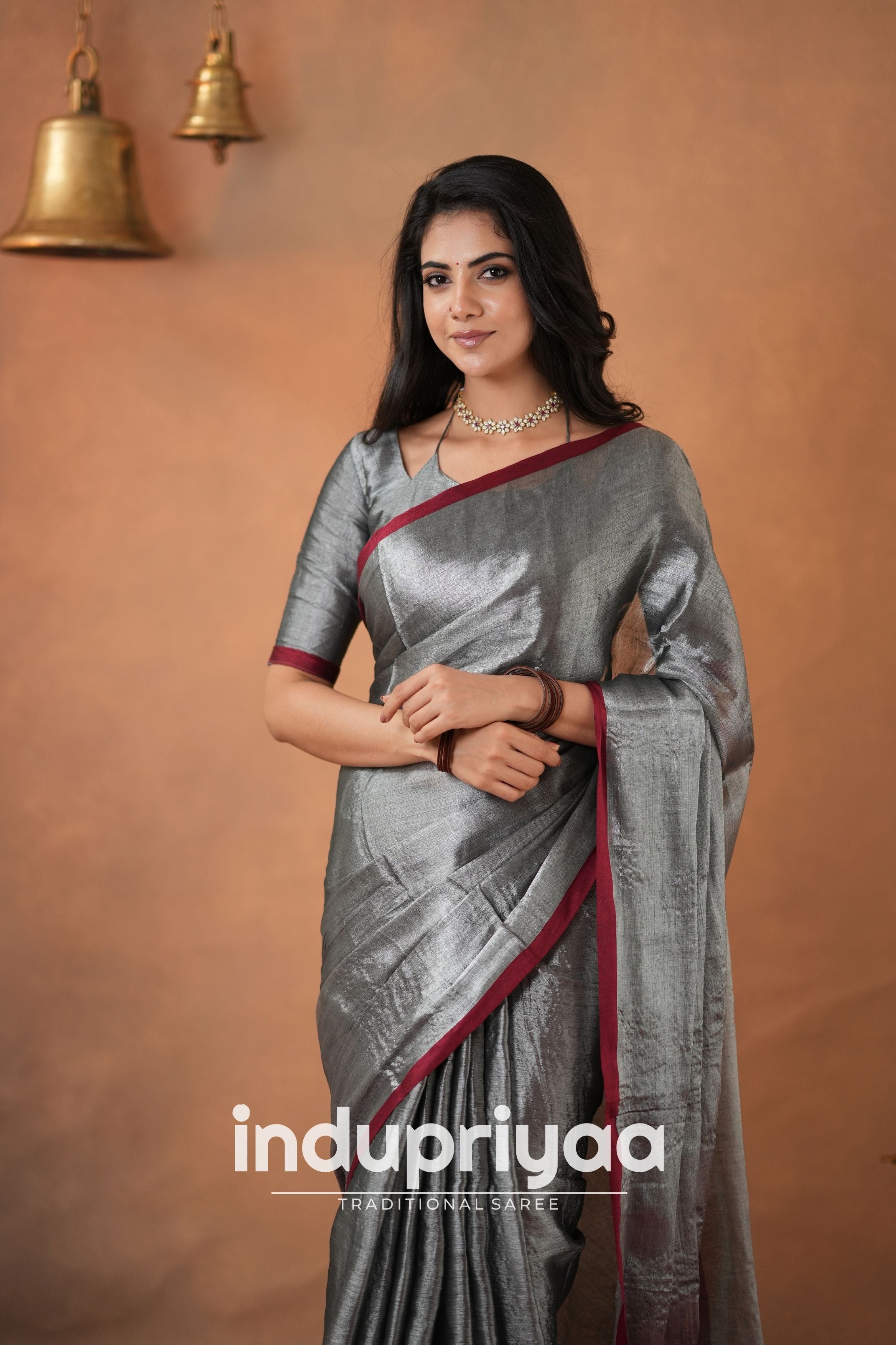 Silver Grey Handloom Tissue Cotton Saree