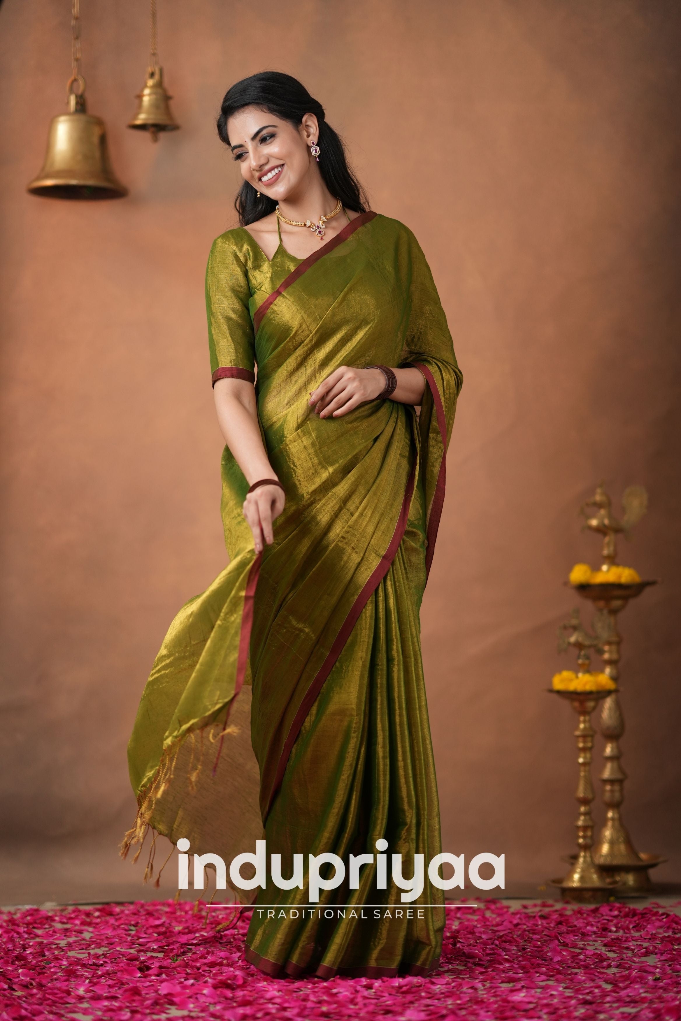 Mehndi Green Handloom Tissue Cotton Saree
