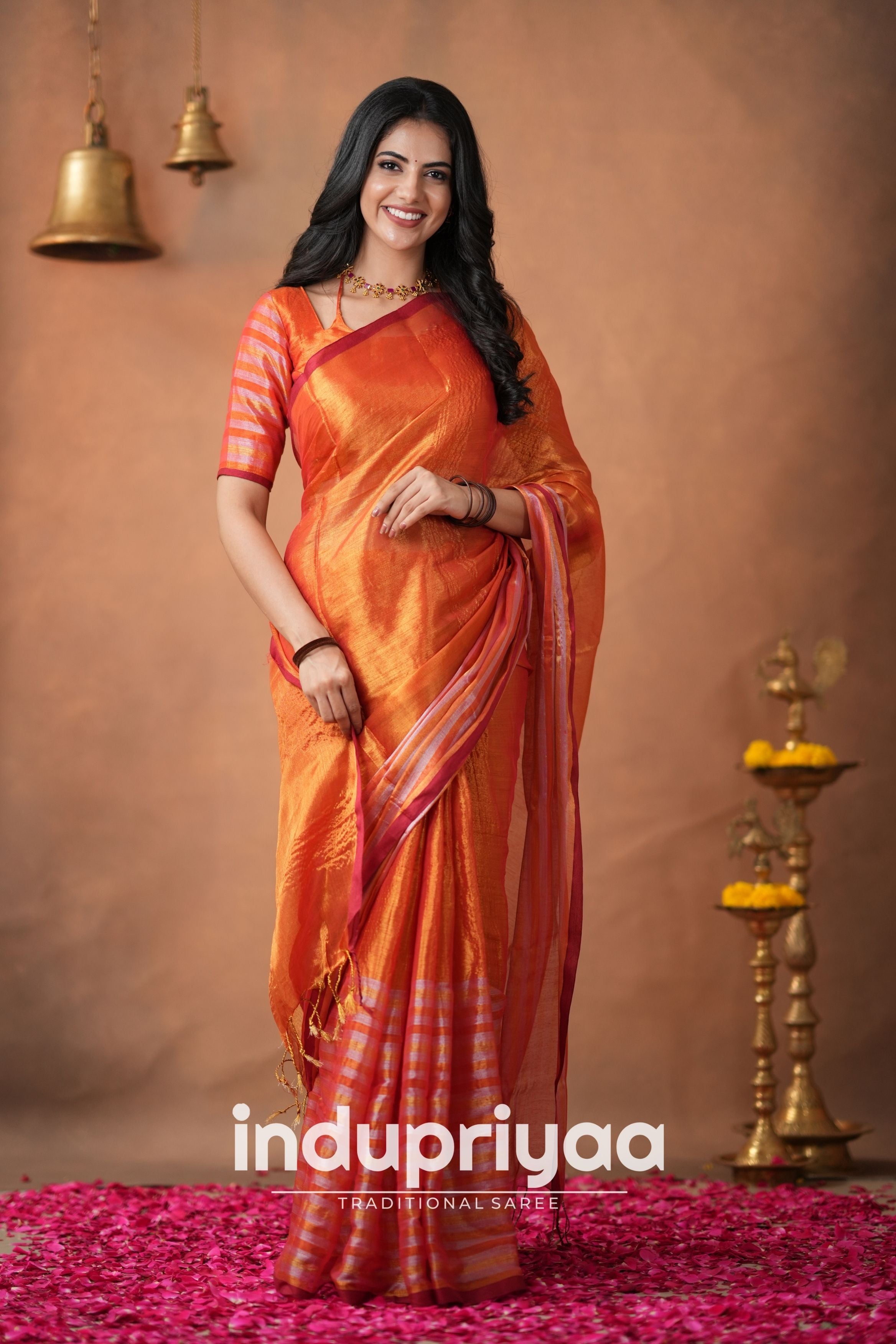 Orange Handloom Tissue Cotton Saree
