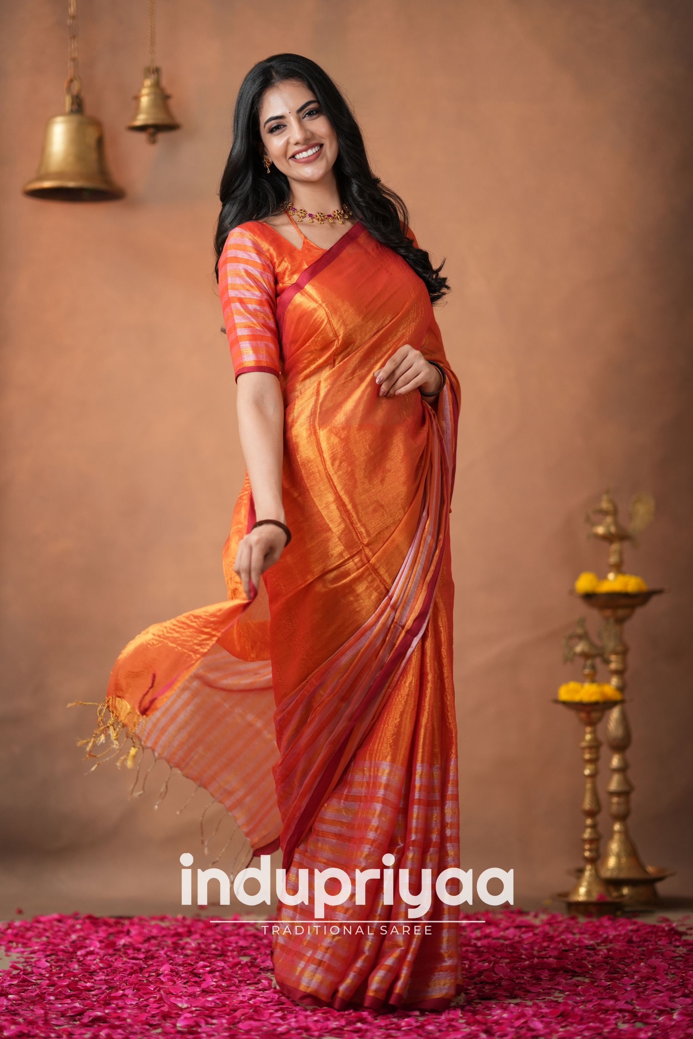 Orange Handloom Tissue Cotton Saree