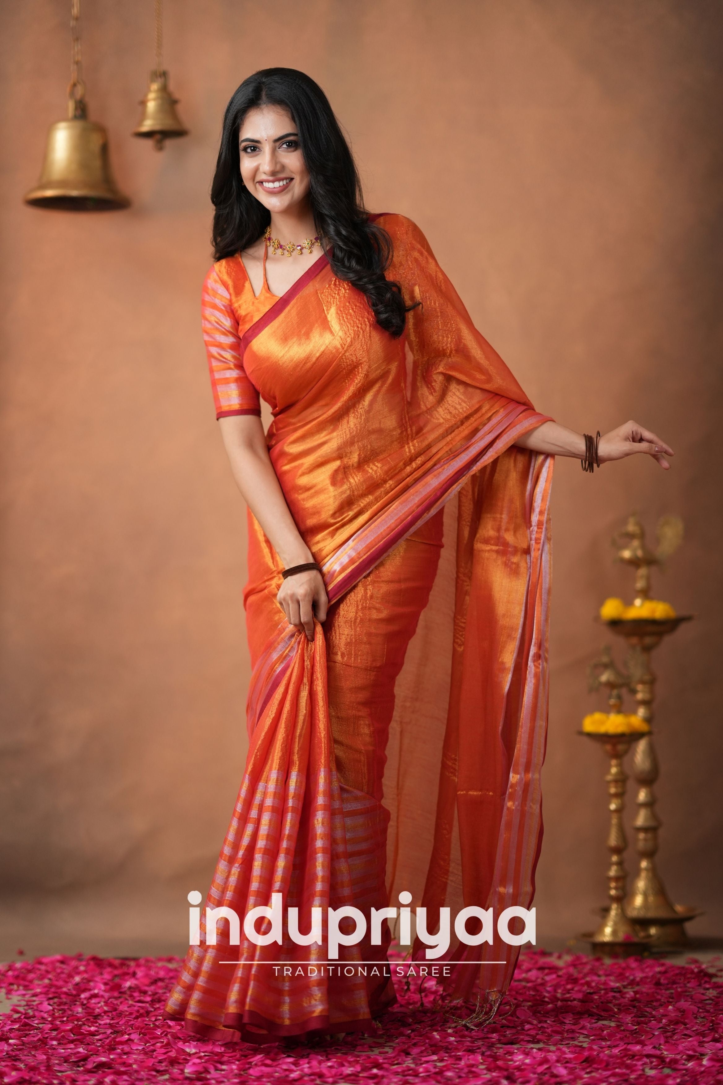 Orange Handloom Tissue Cotton Saree