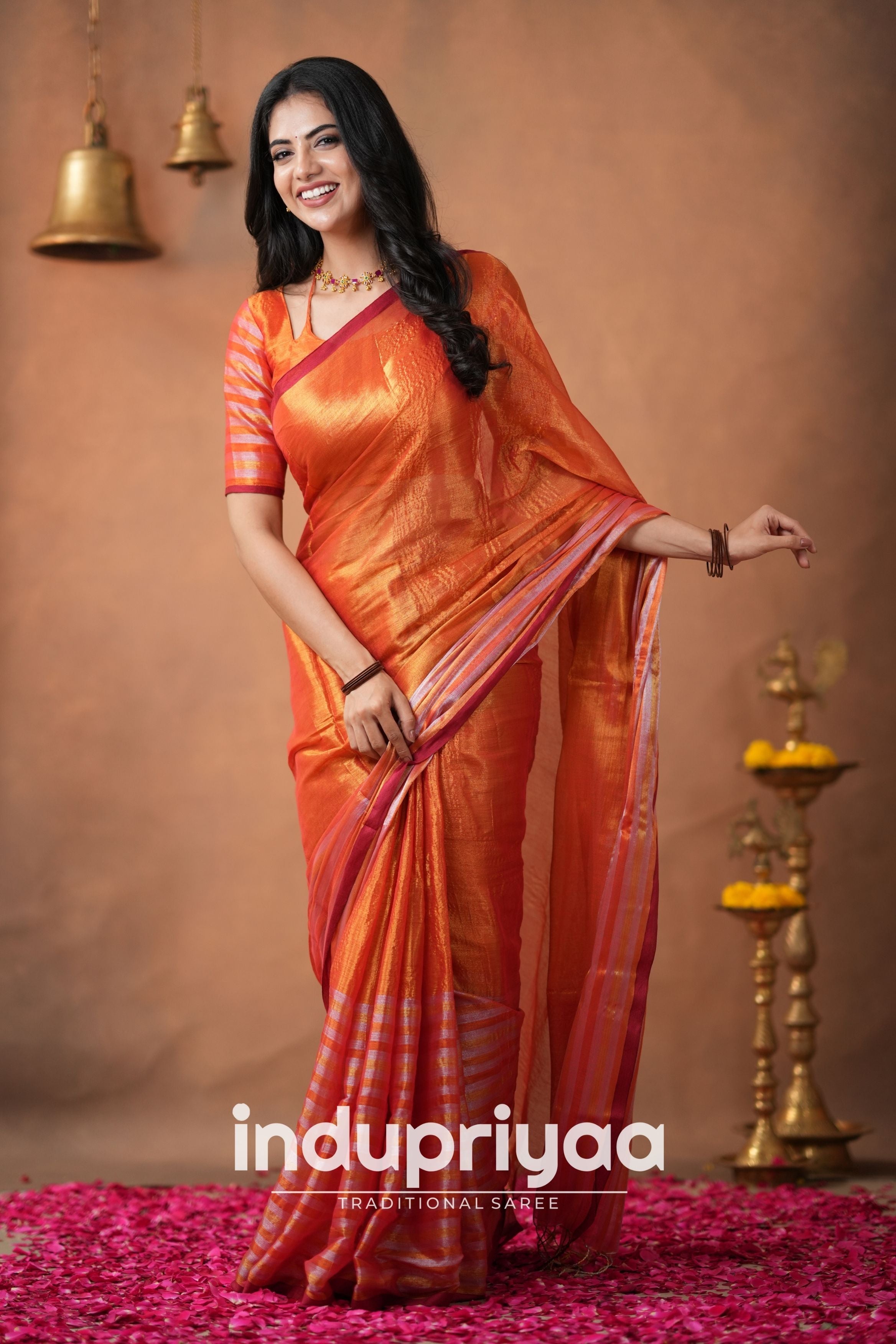 Orange Handloom Tissue Cotton Saree