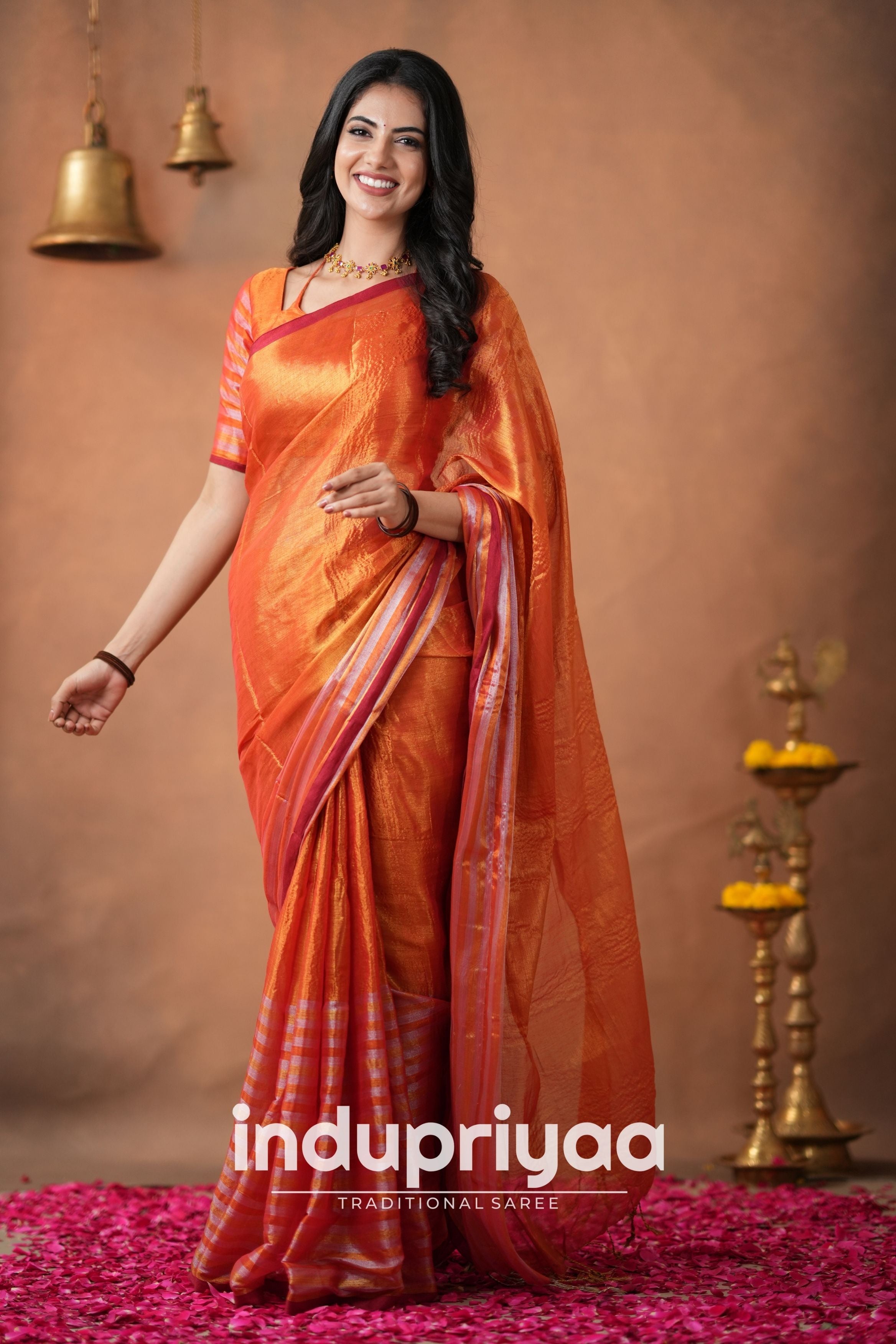 Orange Handloom Tissue Cotton Saree